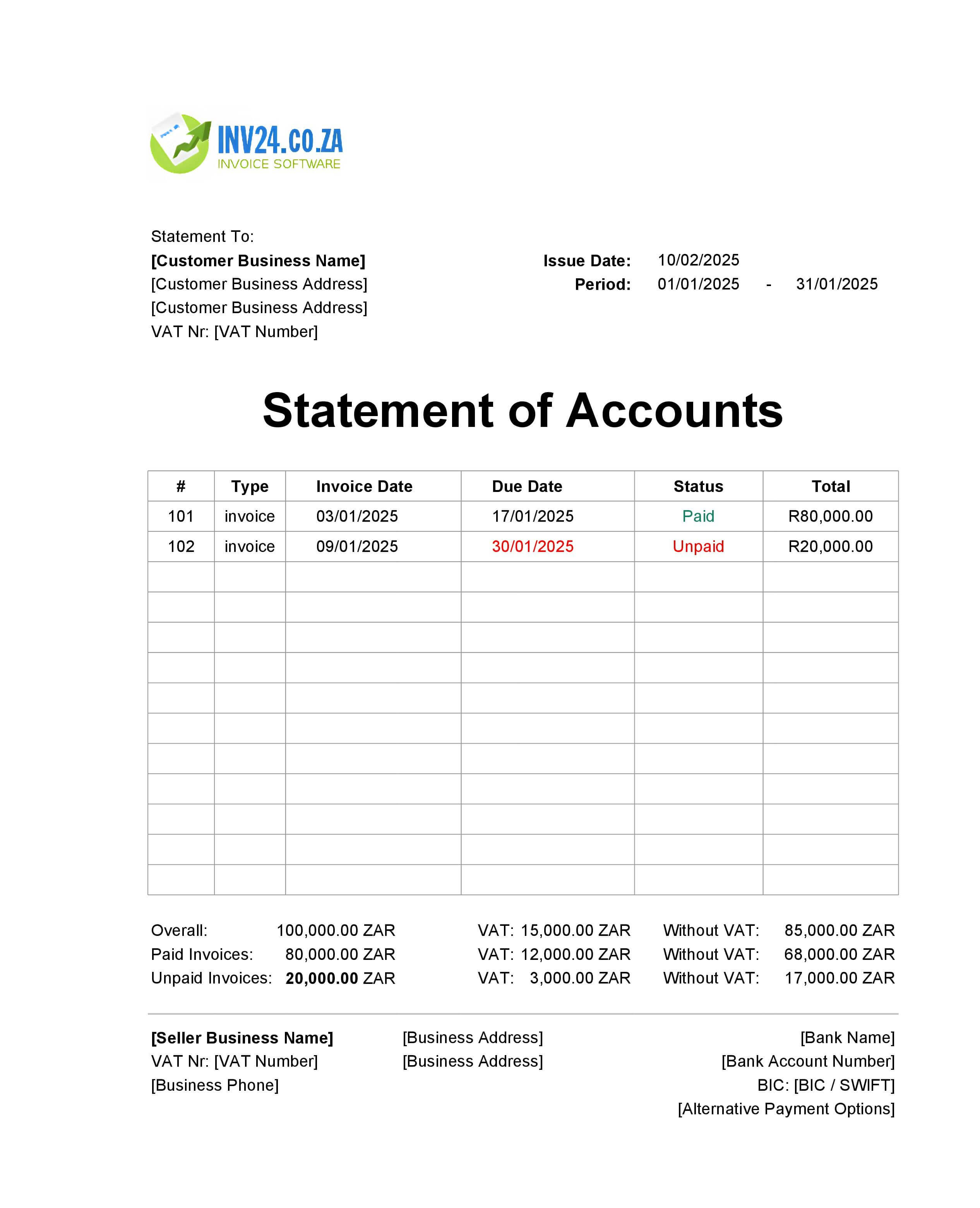 Monthly Statement of Accounts Template South Africa (Excel / Google Sheets)