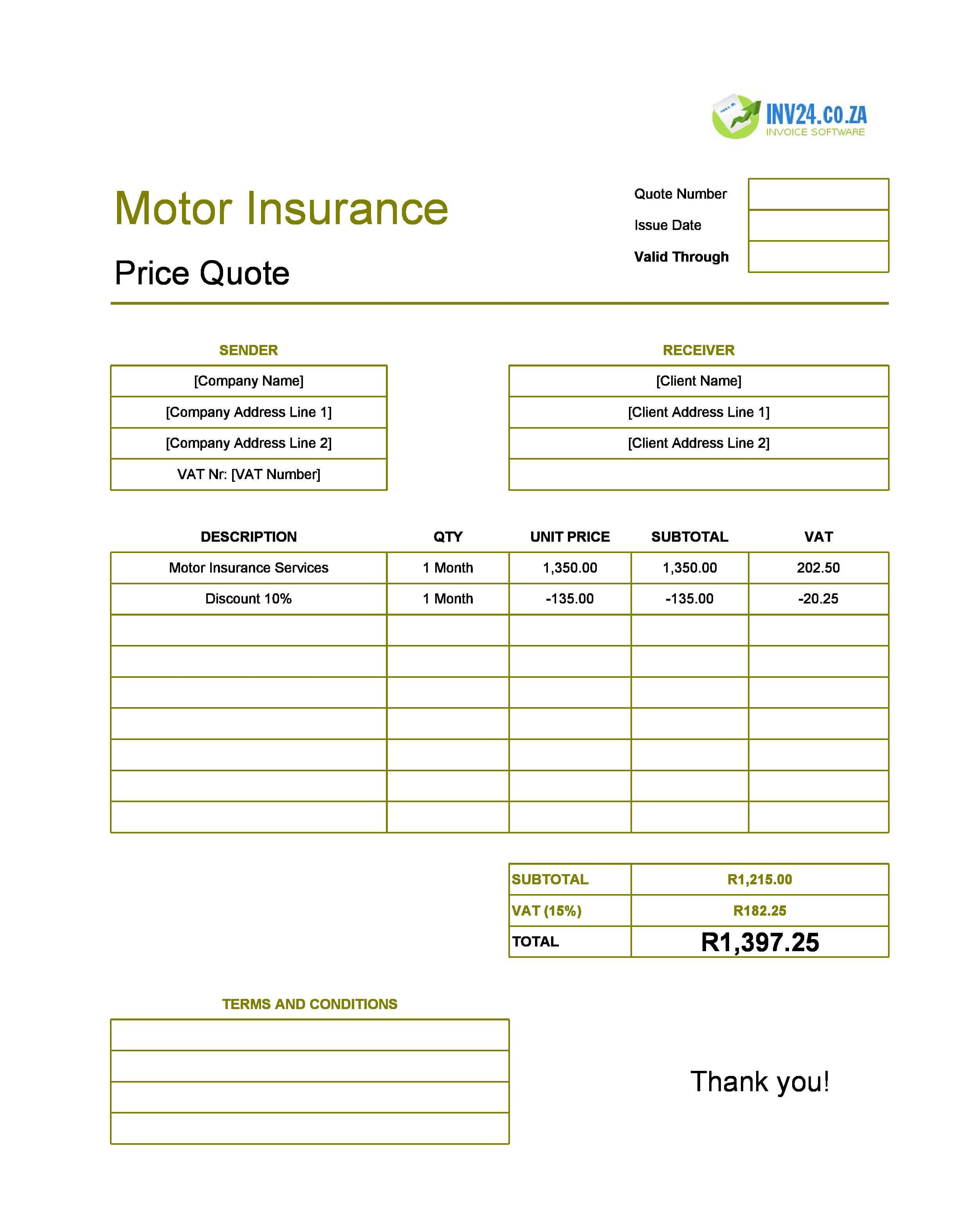 Motor Insurance Quote Template for South Africa (Excel / Google Sheets)