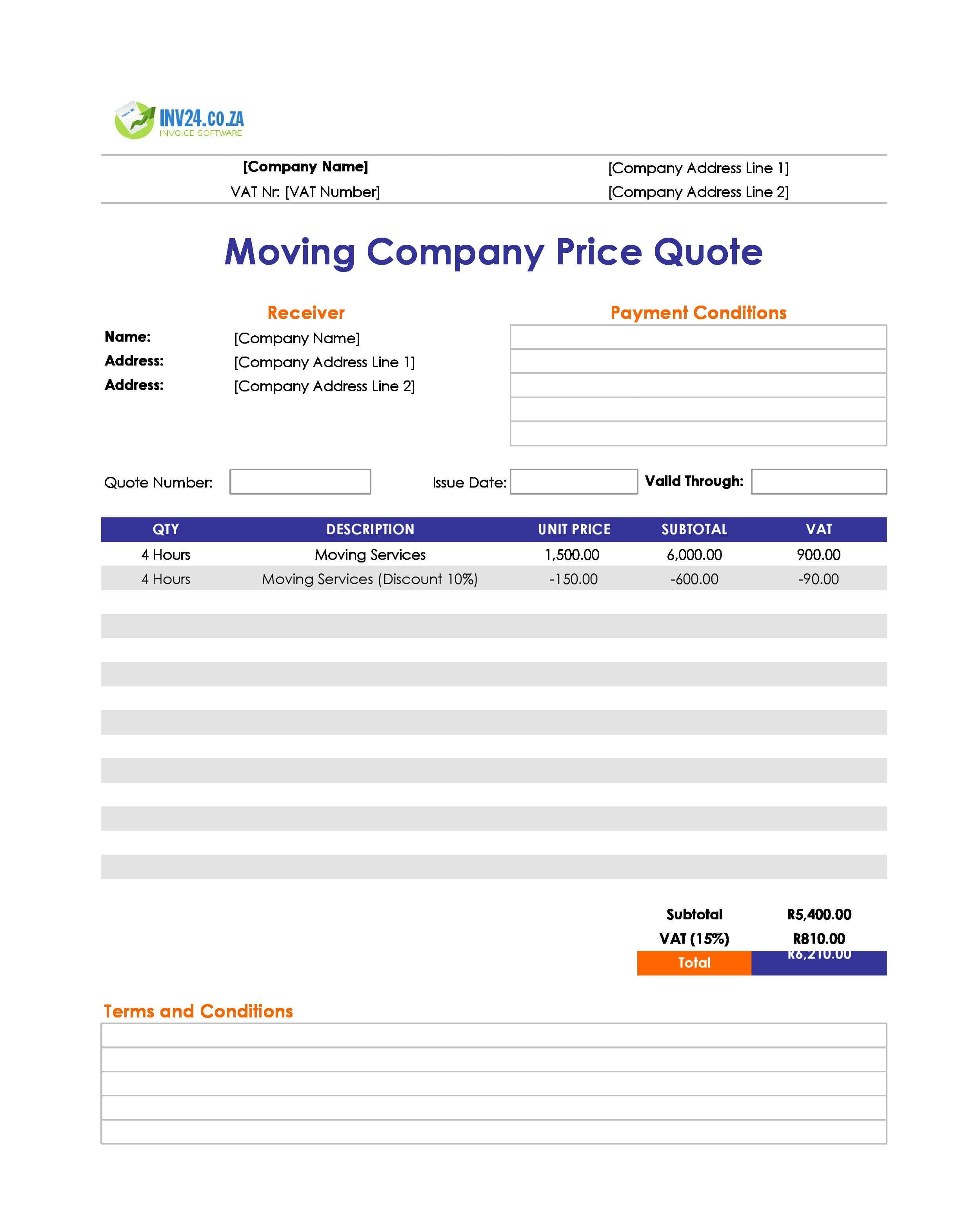 Moving Company Quote Template for South Africa (Excel / Google Sheets)