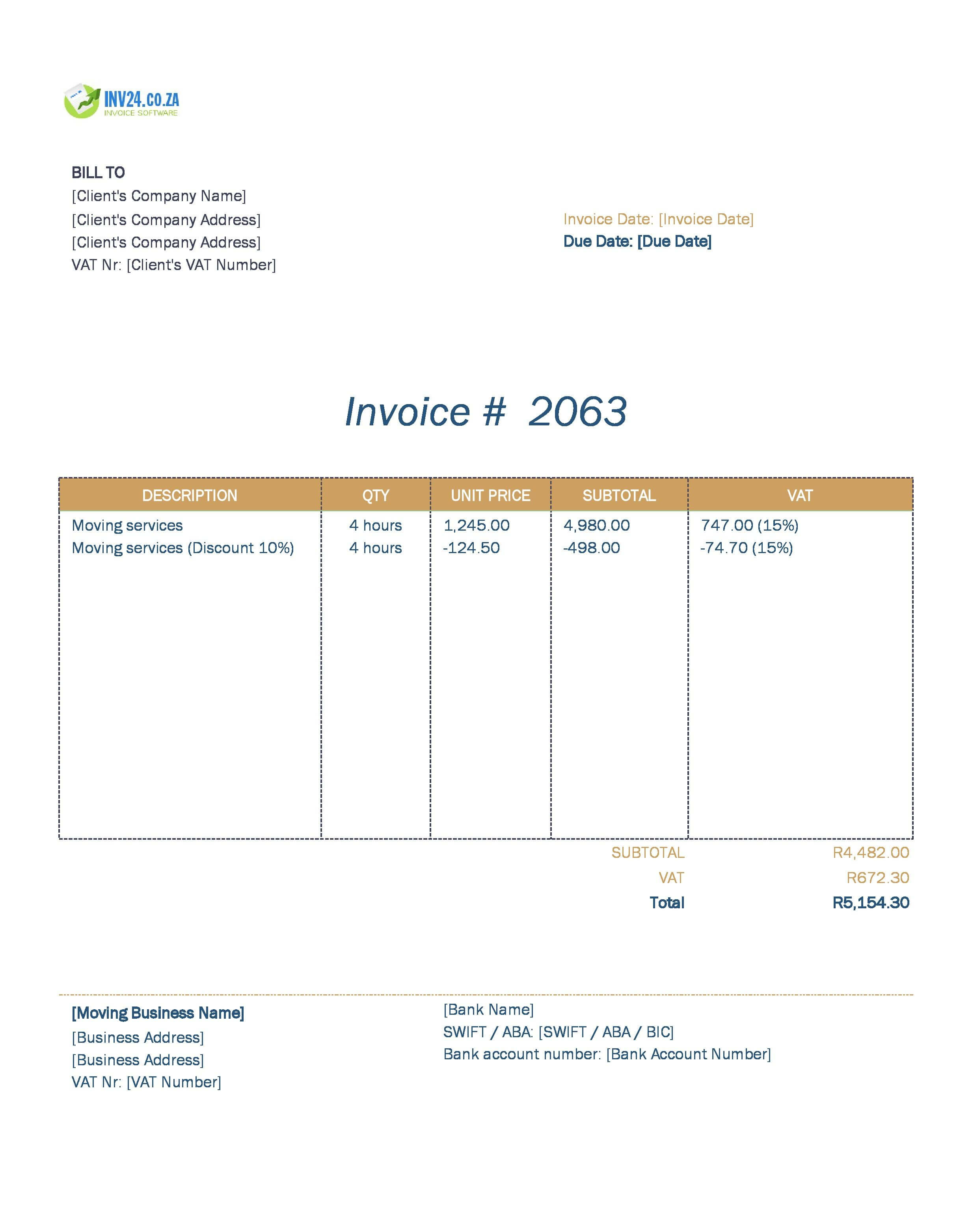 Moving Invoice Template for South Africa (Excel / Google Sheets)