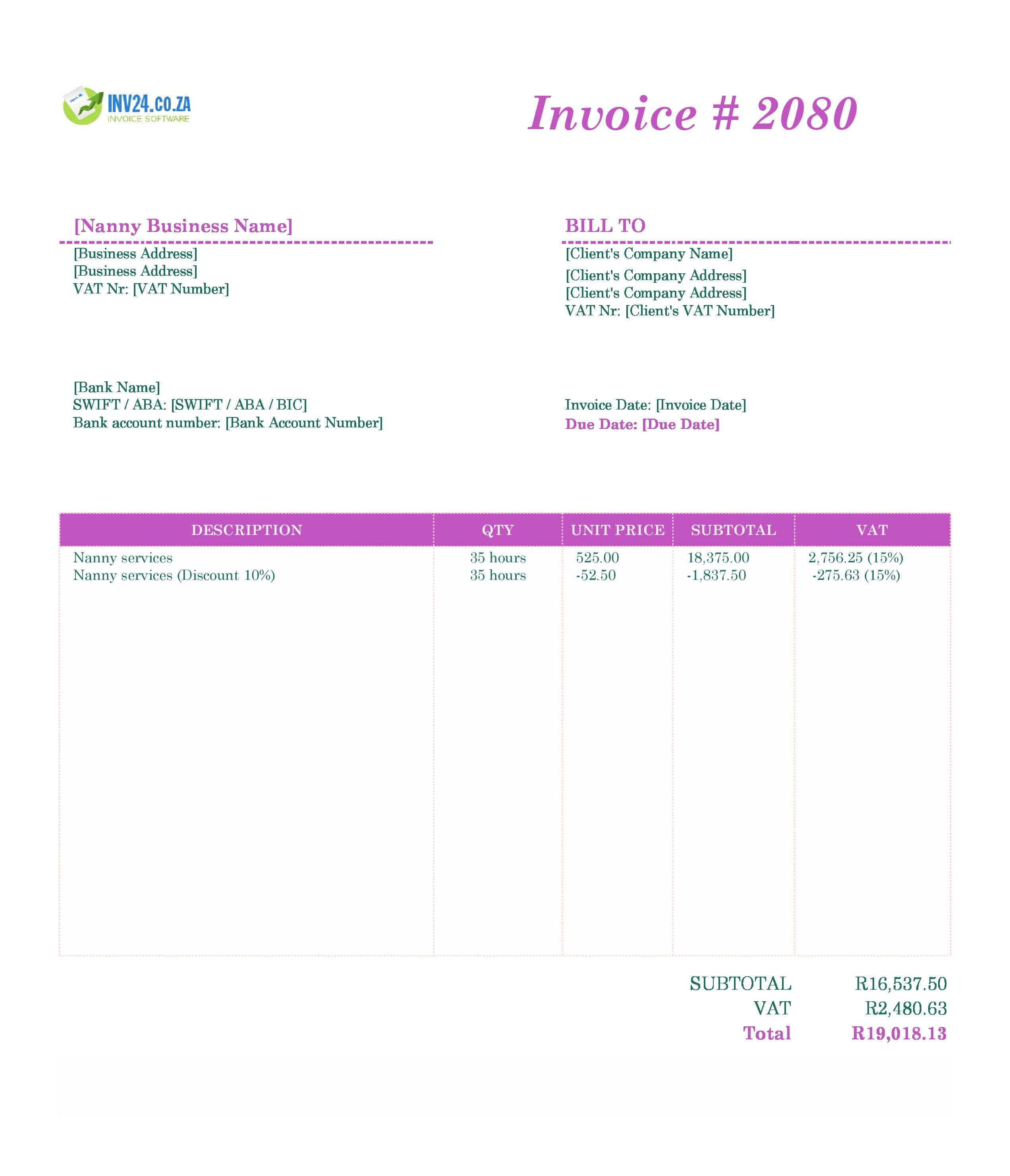 Nanny Invoice Template for South Africa (Excel / Google Sheets) Nanny Invoice Template for South Africa (Excel / Google Sheets)