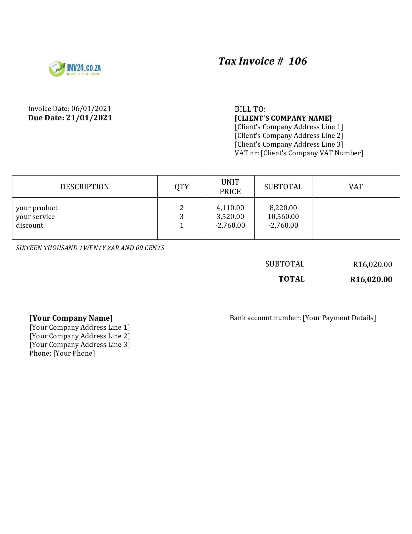 Non-VAT Invoice Template South Africa (Word / Google Docs) Non-VAT Invoice Template South Africa (Word / Google Docs)