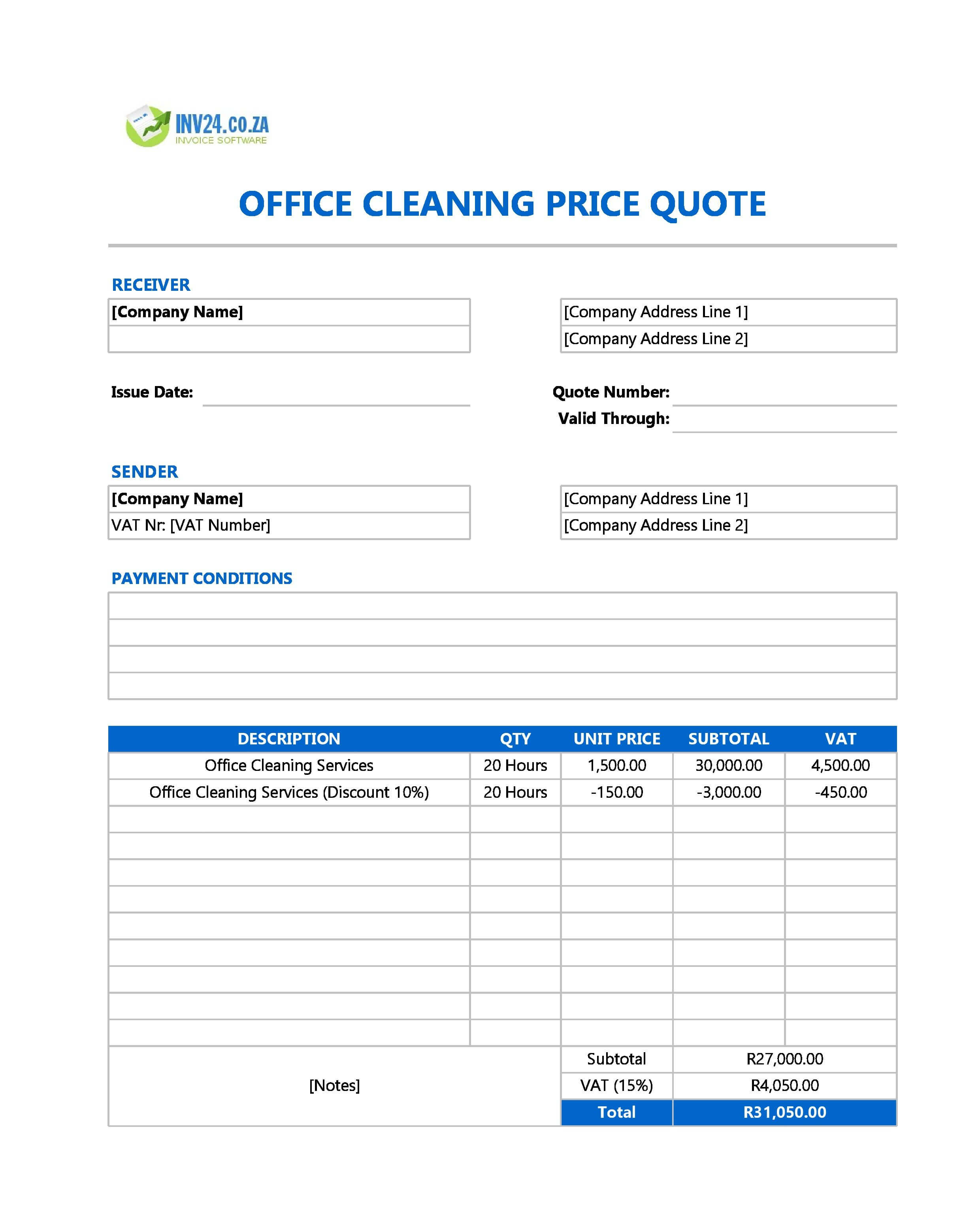 Office Cleaning Quote Template for South Africa (Excel / Google Sheets)