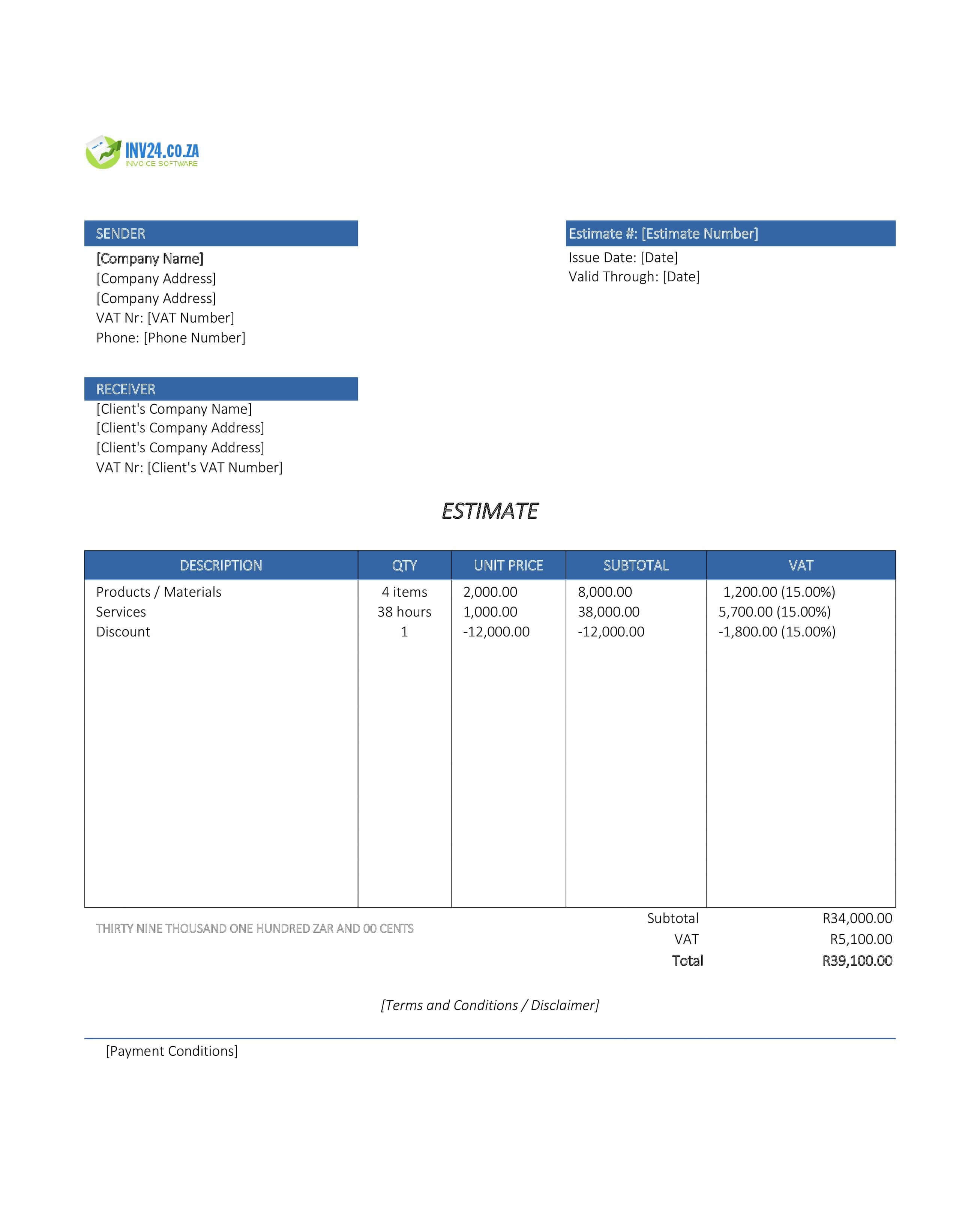 Online Estimate Template for South Africa (Excel / Google Sheets) Online Estimate Template for South Africa (Excel / Google Sheets)