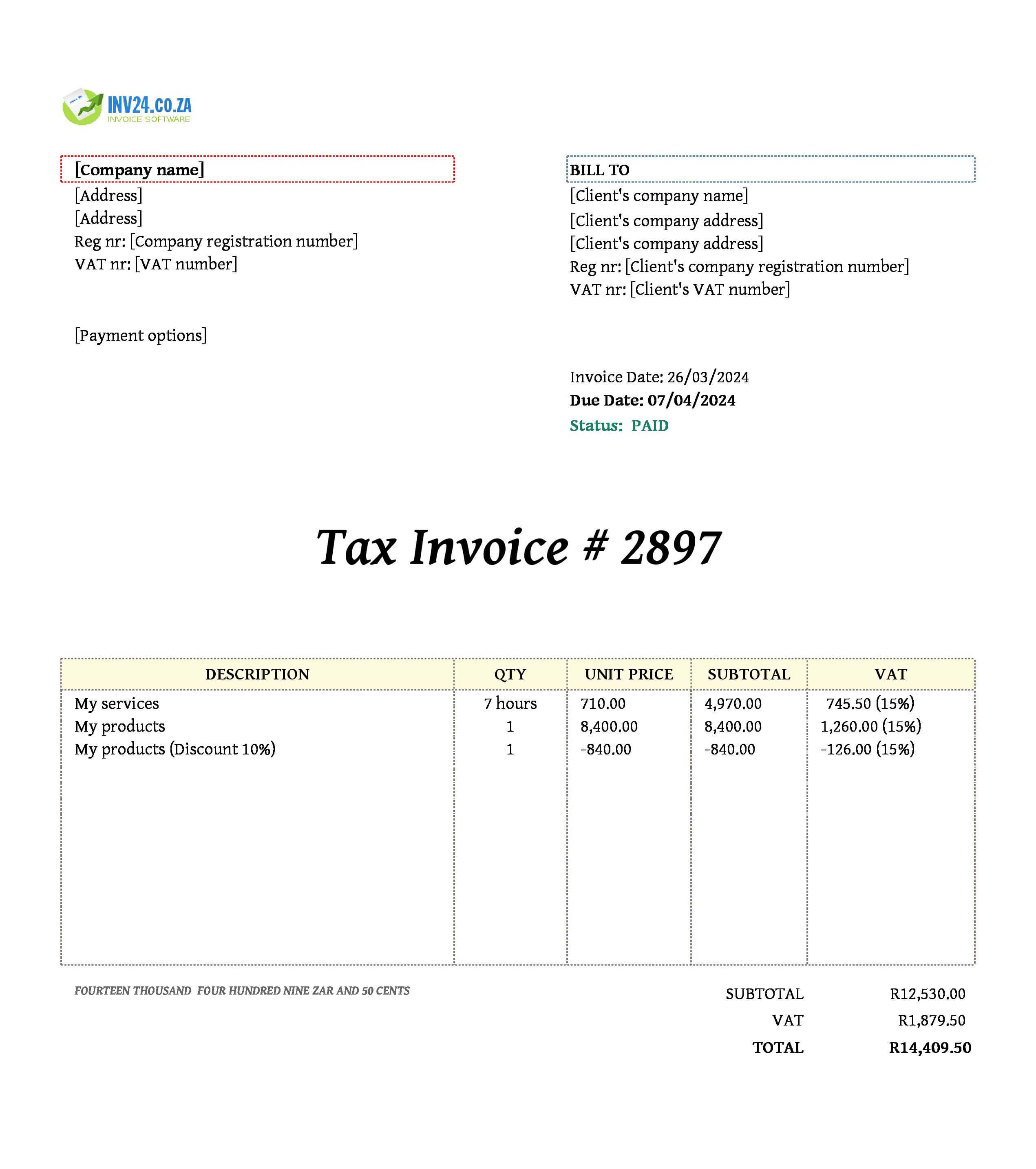 paid invoice template South Africa
