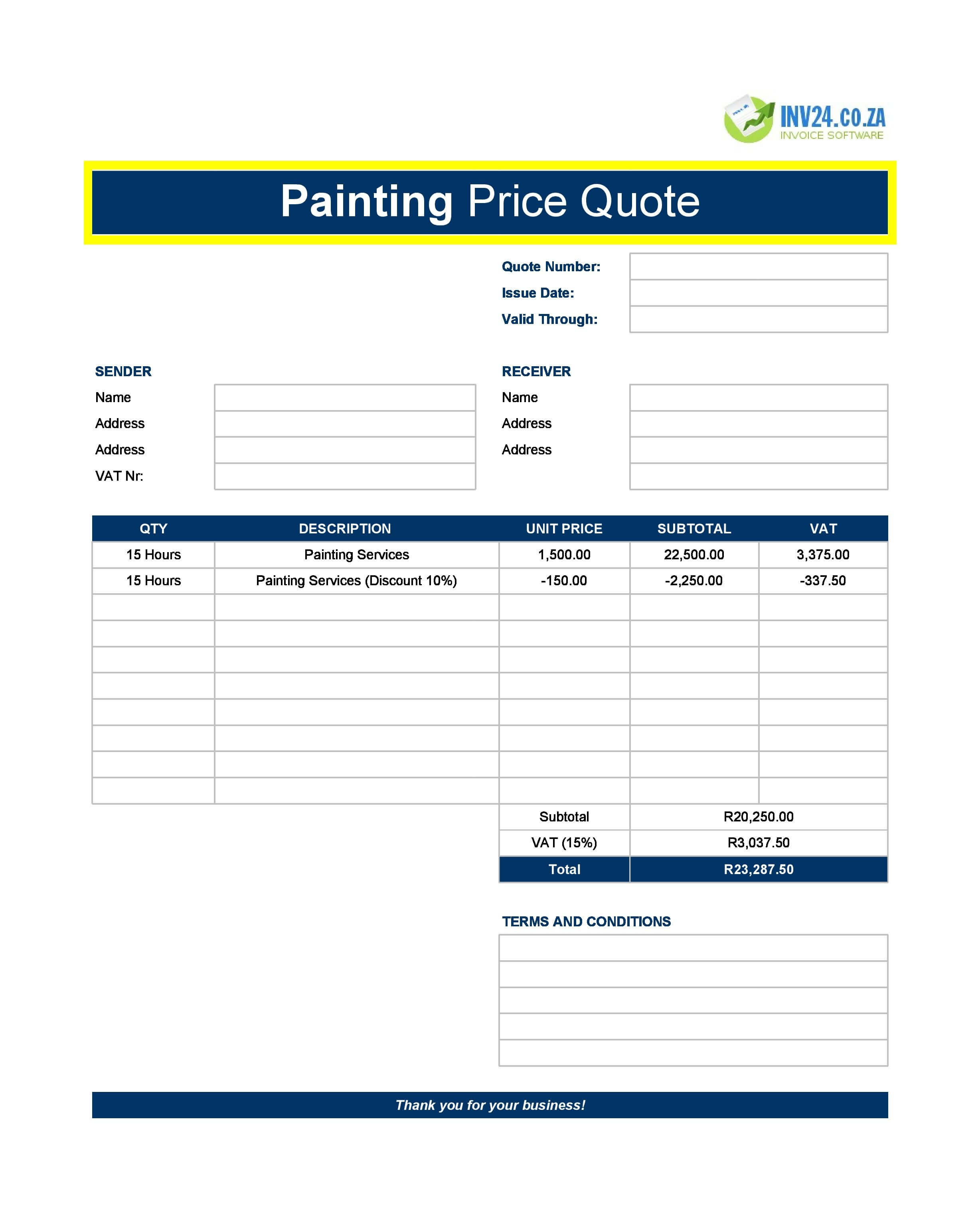 Painting Quote Template for South Africa (Excel / Google Sheets)