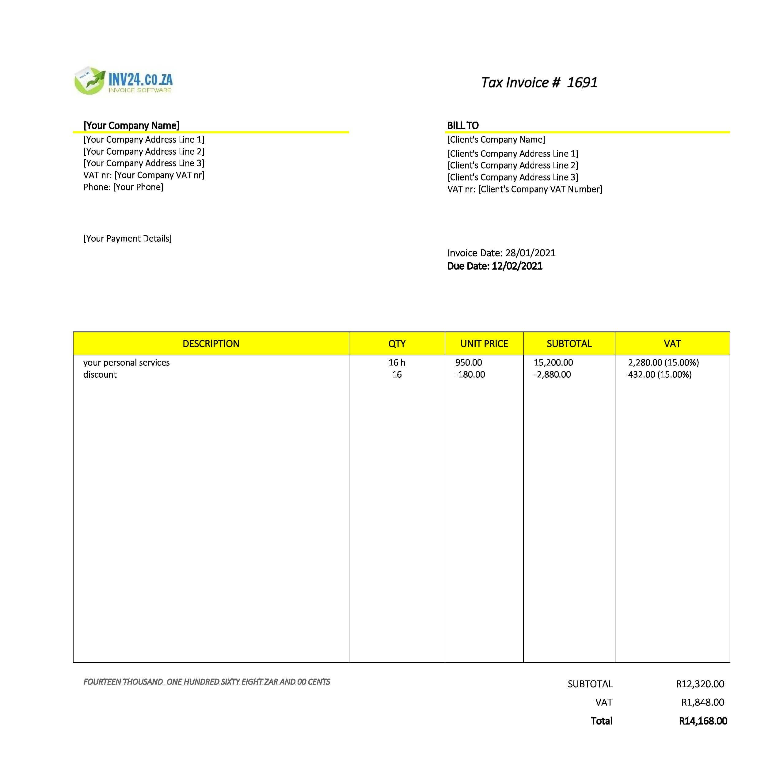 personal invoice template south africa