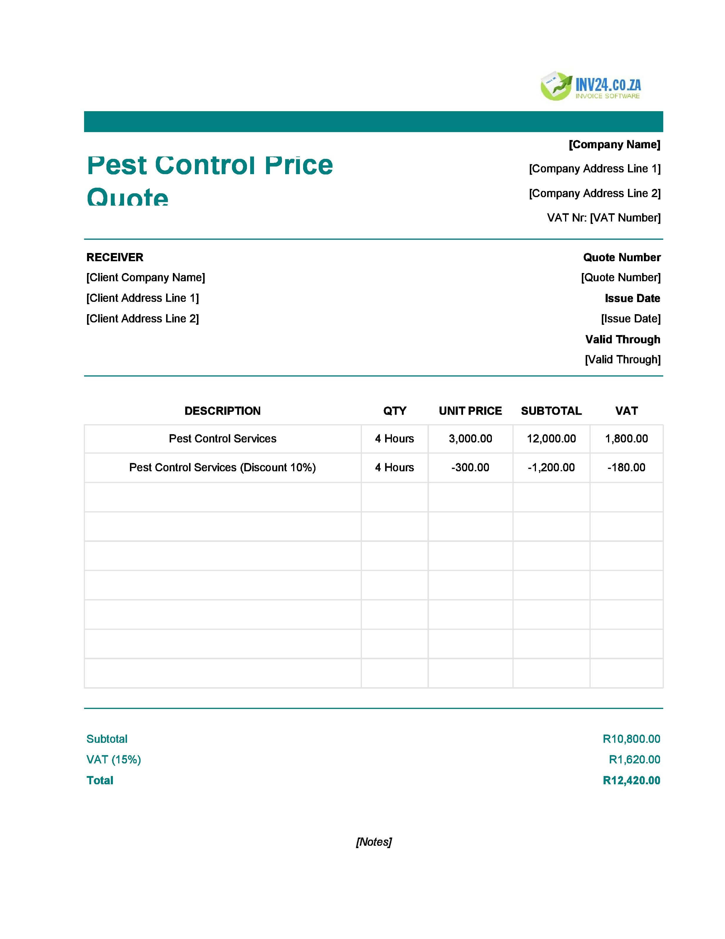 Pest Control Quote Template for South Africa (Excel / Google Sheets)
