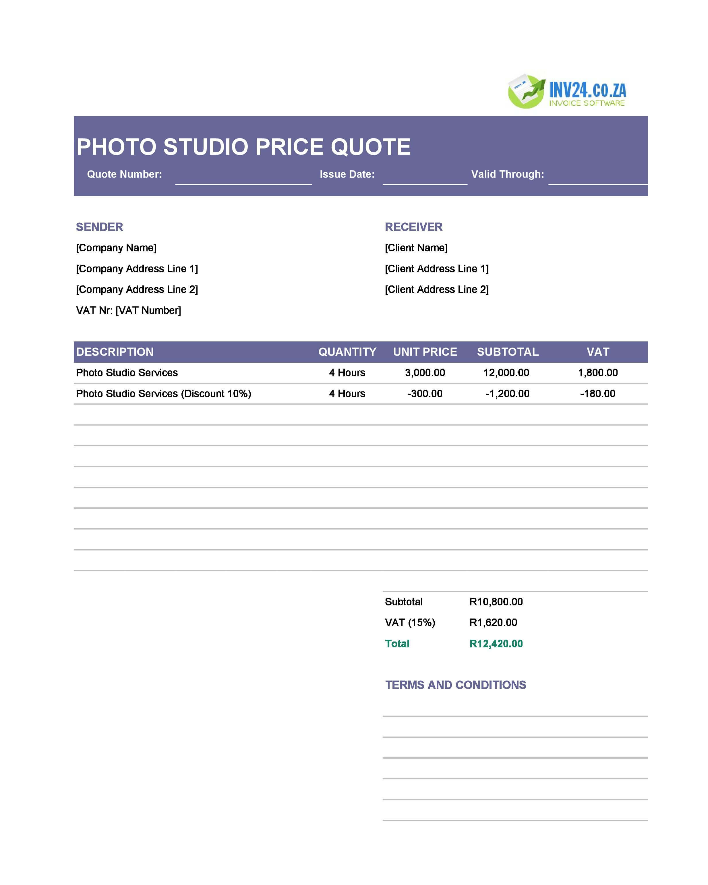 Photo Studio Quote Template for South Africa (Excel / Google Sheets)