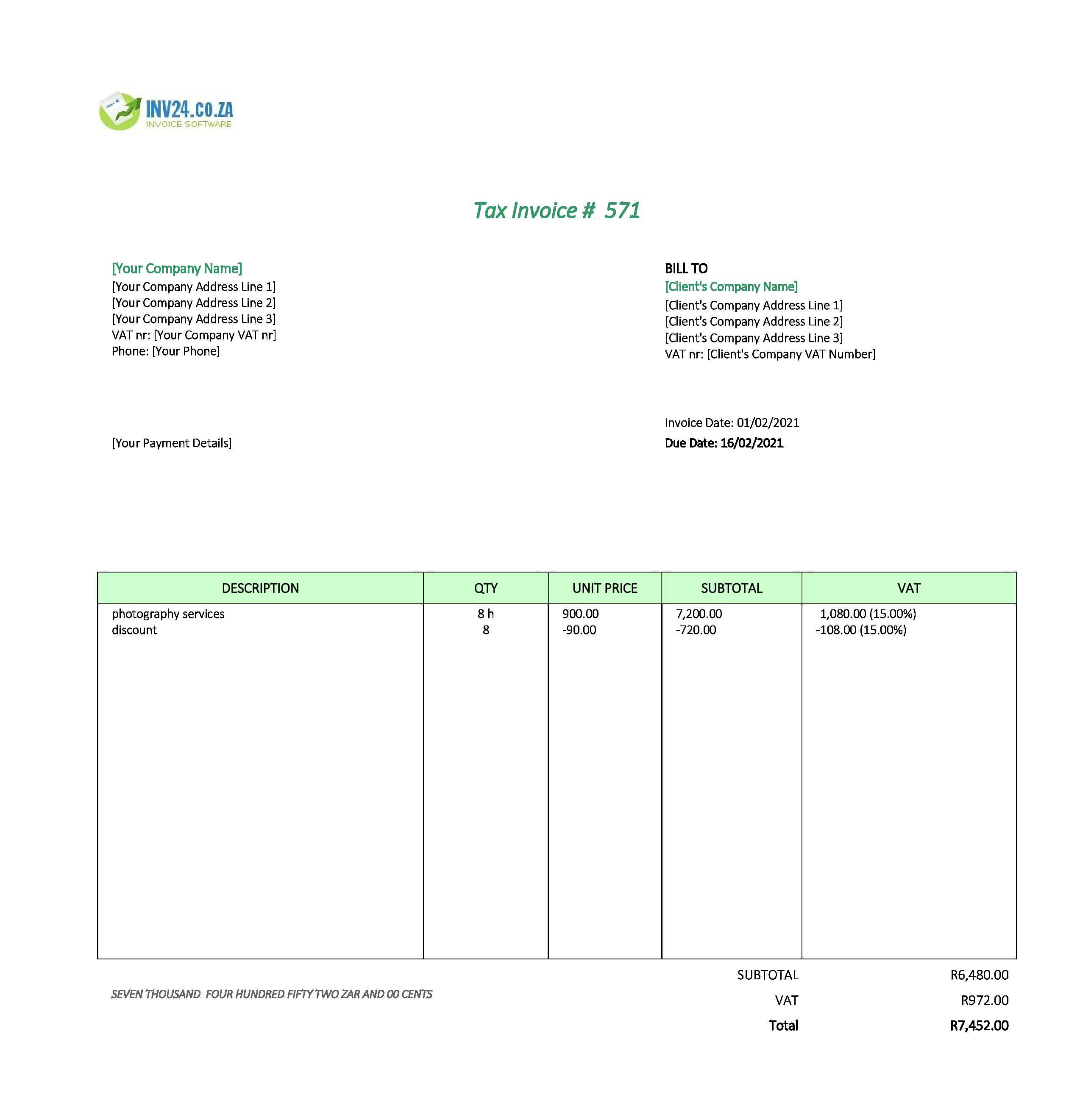 Photography Invoice Template South Africa (Excel / Google Sheets)