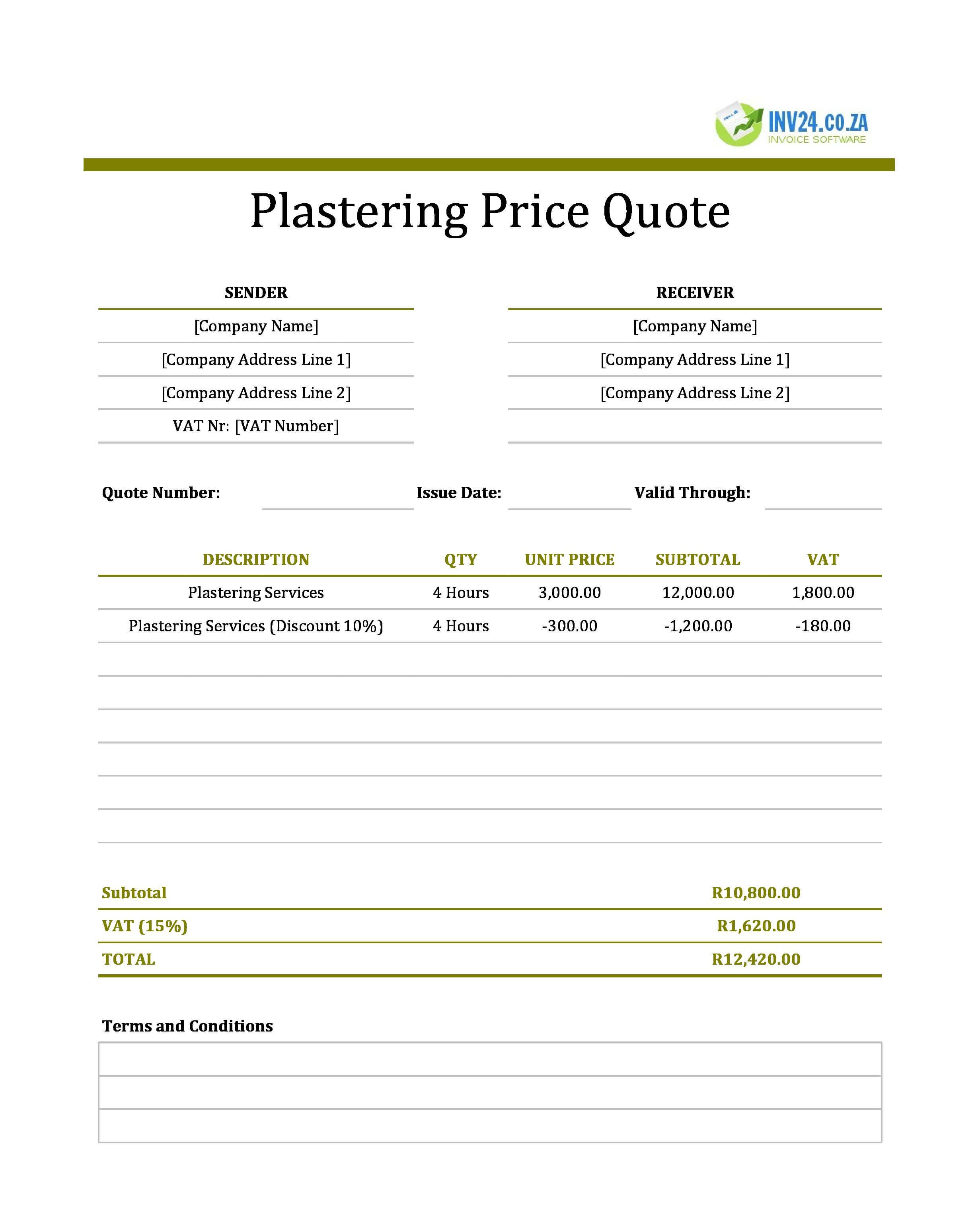 Plastering Quote Template for South Africa (Excel / Google Sheets)
