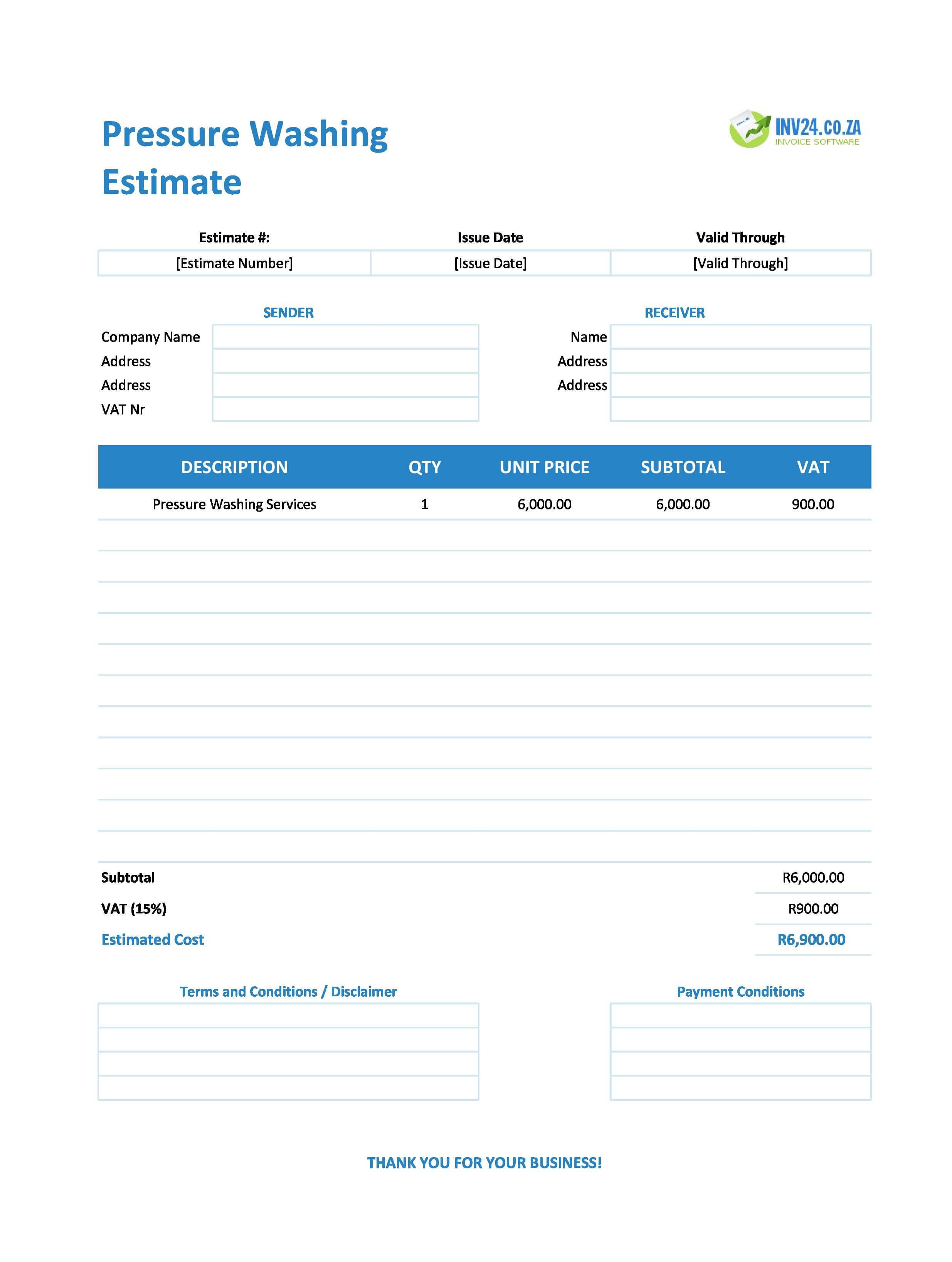 Pressure Washing Estimate Template for South Africa (Excel / Google Sheets)