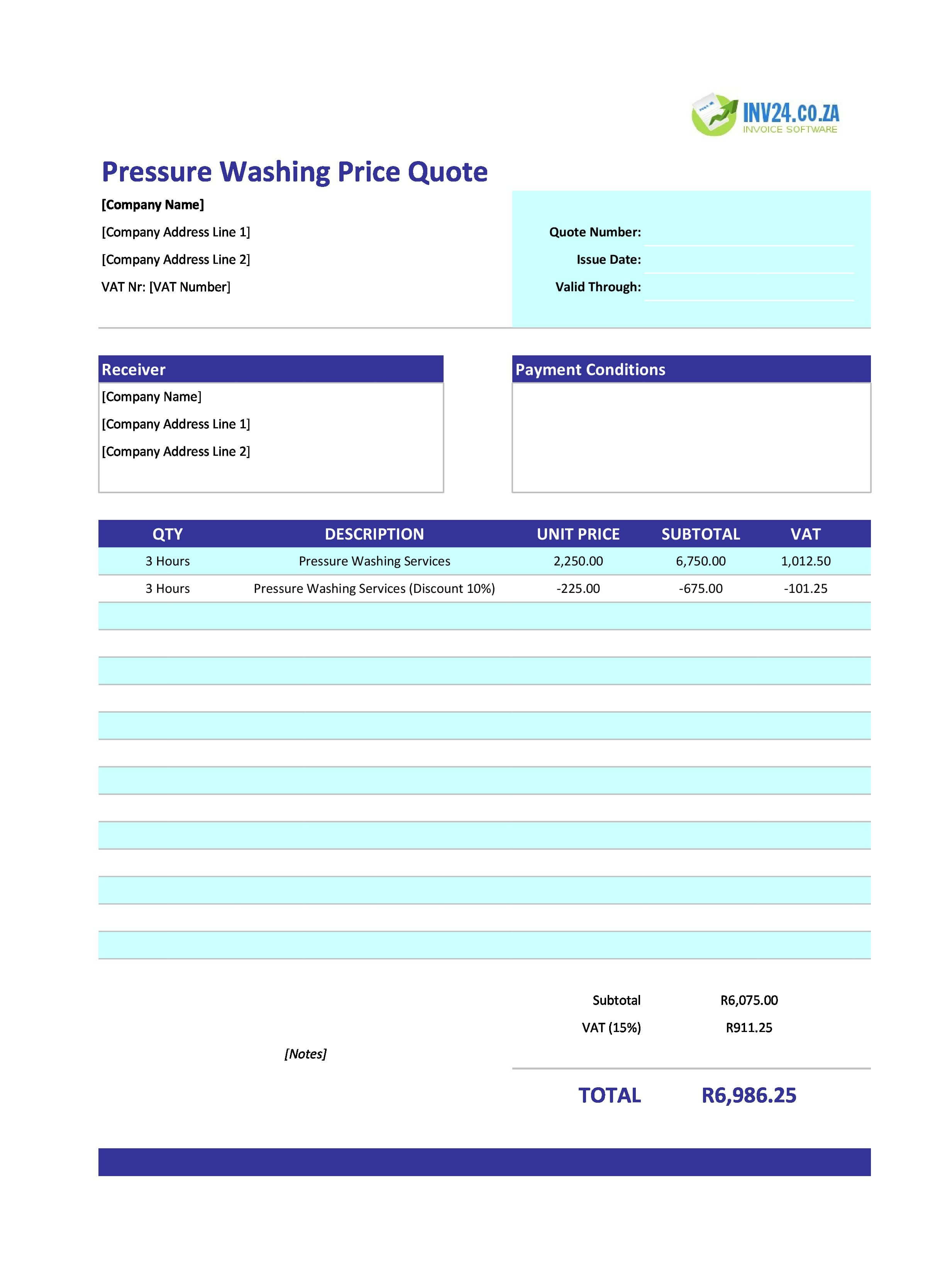 Pressure Washing Quote Template for South Africa (Excel / Google Sheets)