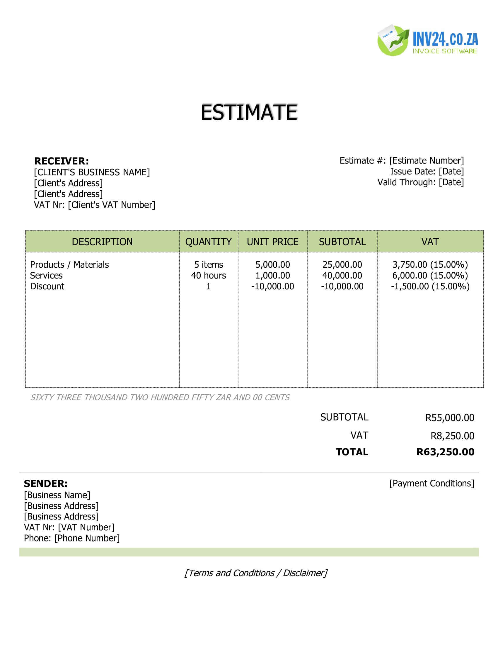 Price Estimate Template for South Africa (Word / Google Docs) Price Estimate Template for South Africa (Word / Google Docs)