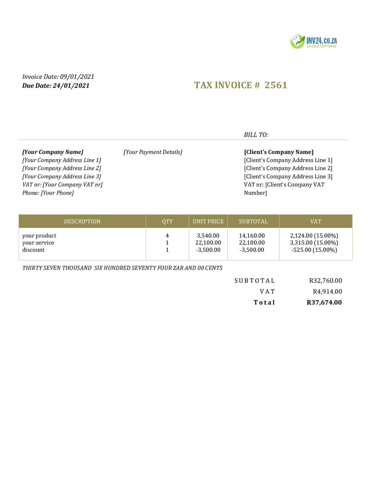 printable invoice template south africa word