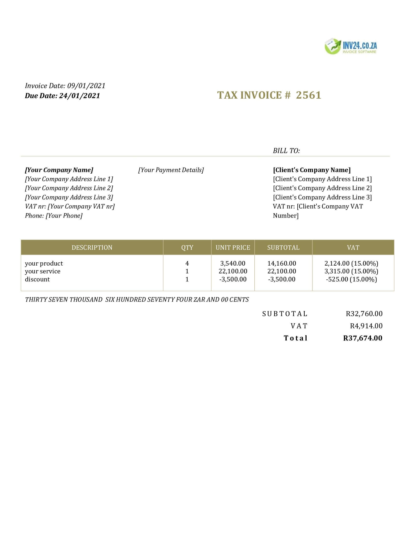 printable invoice template south africa