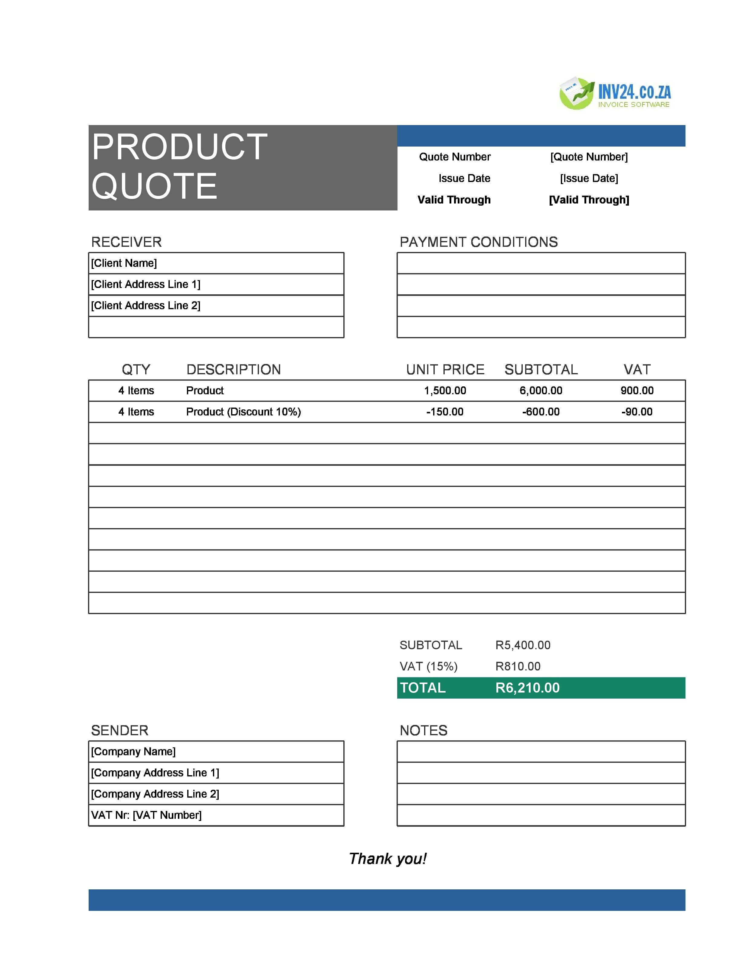 Product Quote Template for South Africa (Excel / Google Sheets)