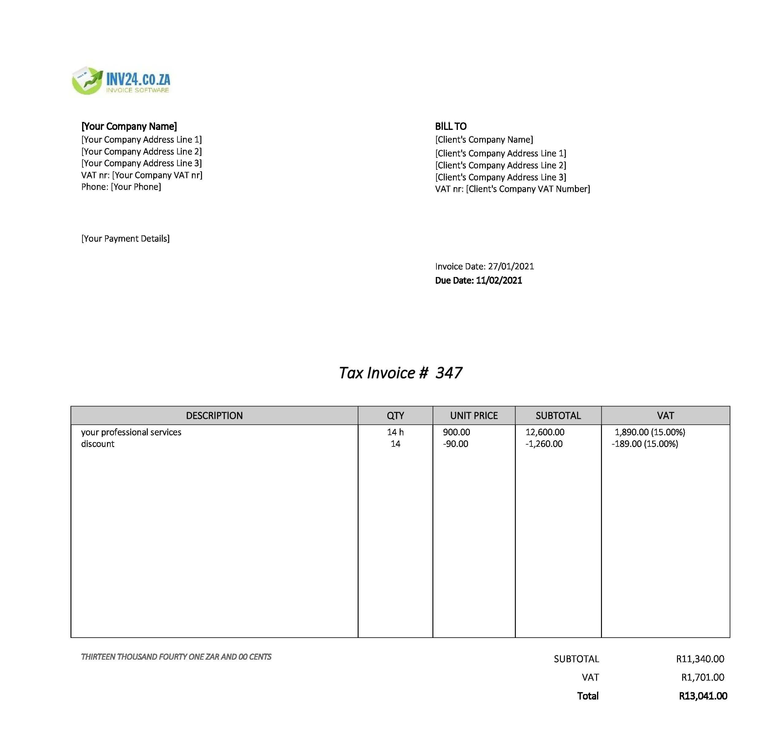 professional invoice template south africa