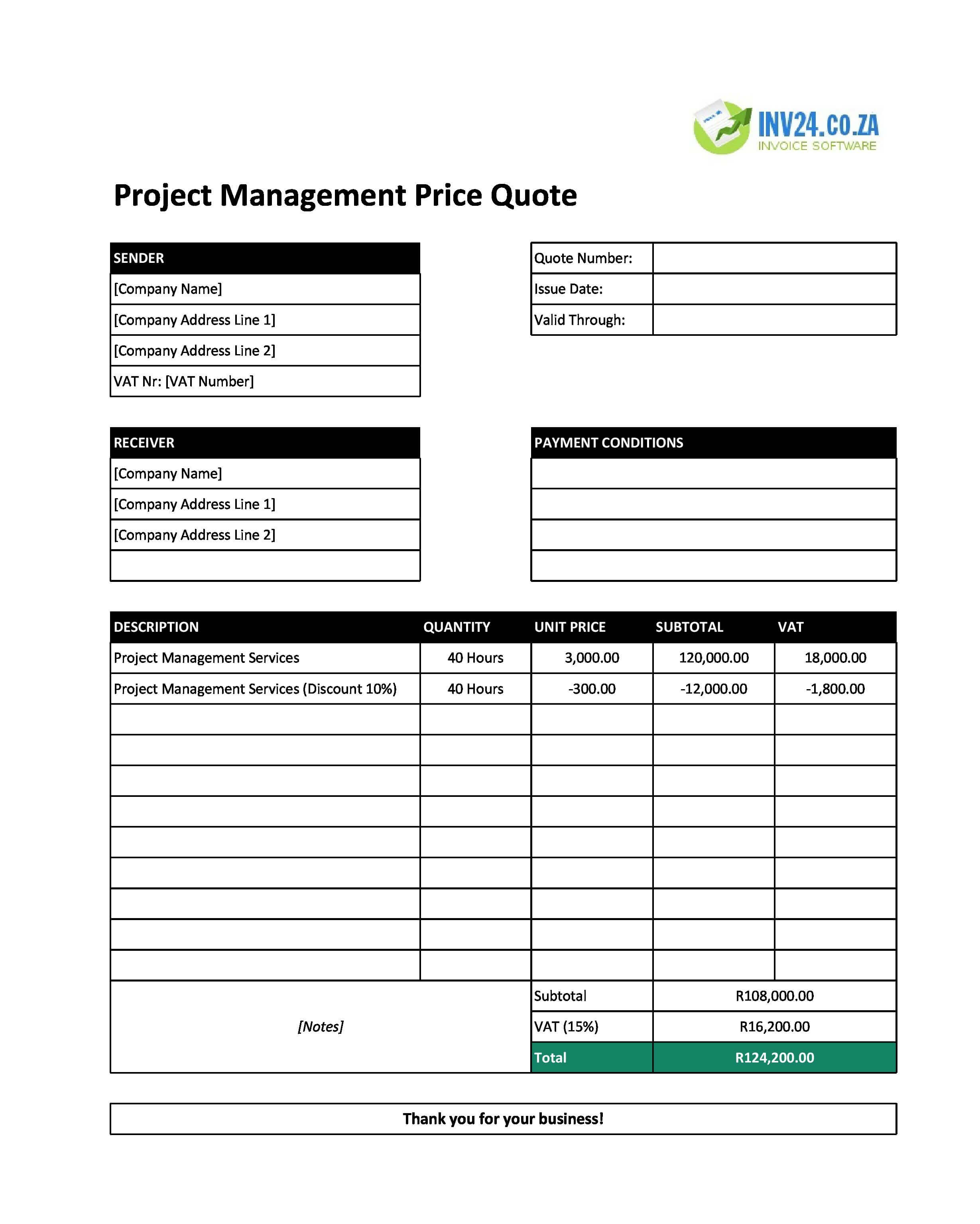 Project Management Quote Template for South Africa (Excel / Google Sheets)