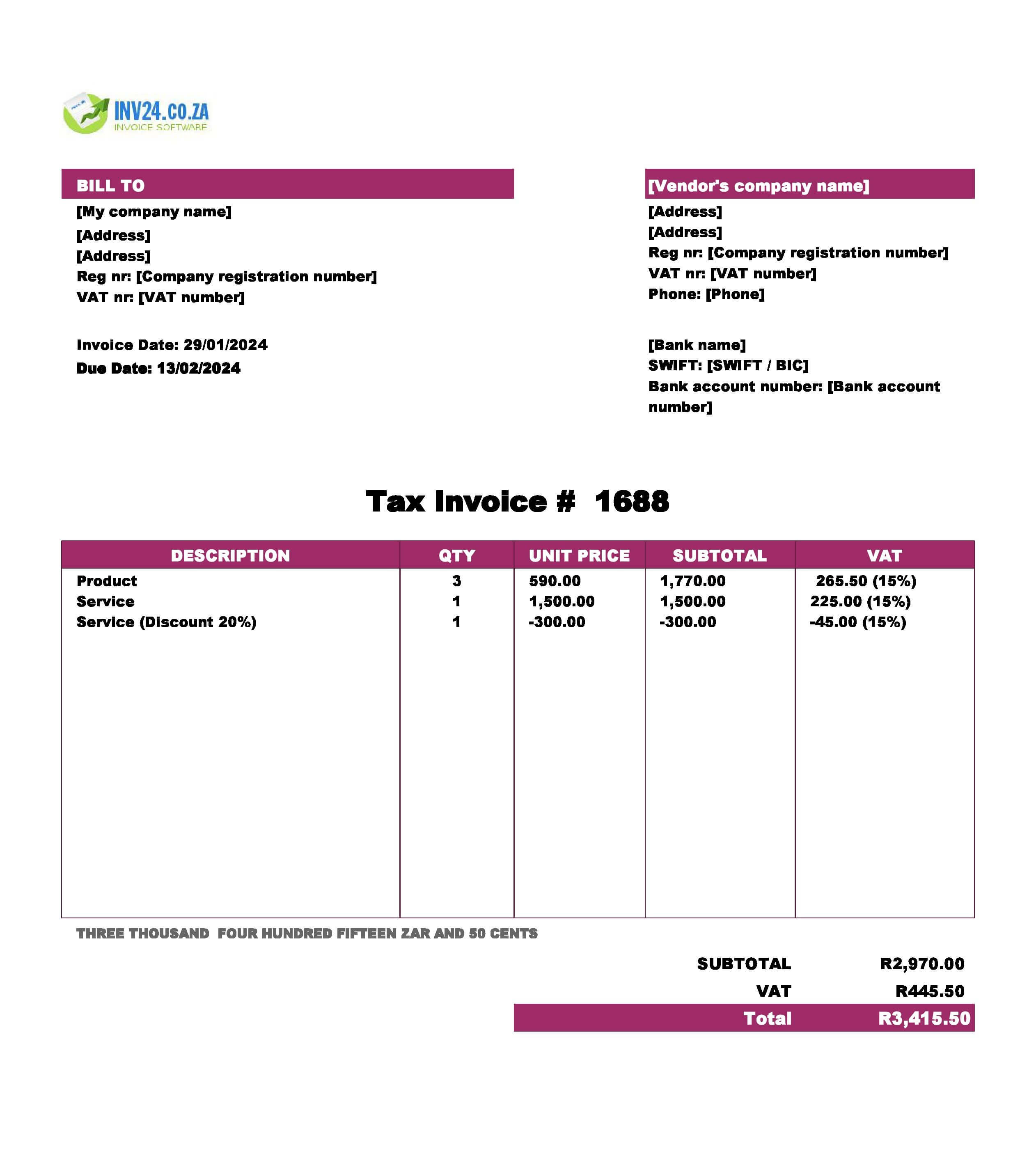 purchase invoice template South Africa