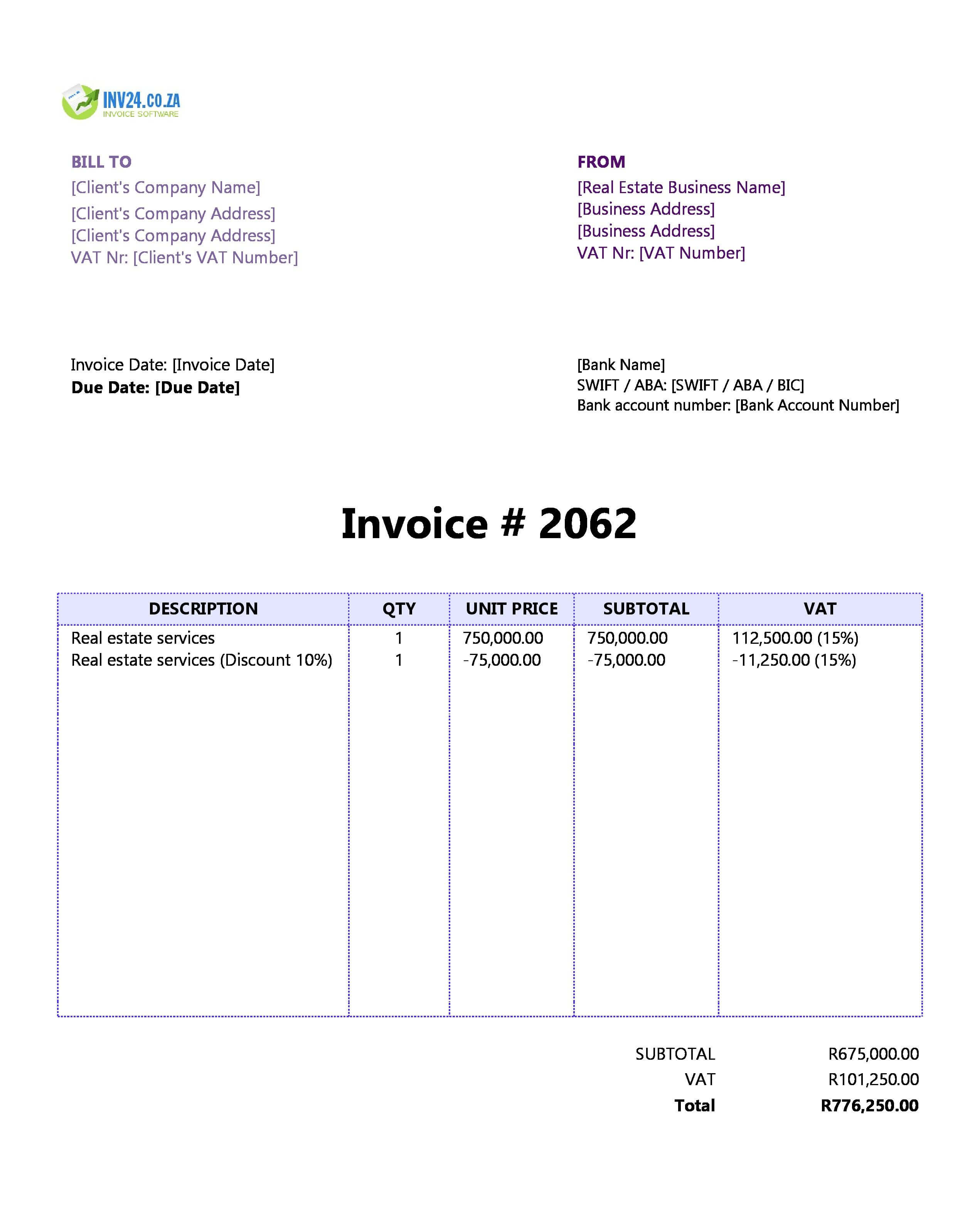 Real Estate Invoice Template for South Africa (Excel / Google Sheets) Real Estate Invoice Template for South Africa (Excel / Google Sheets)