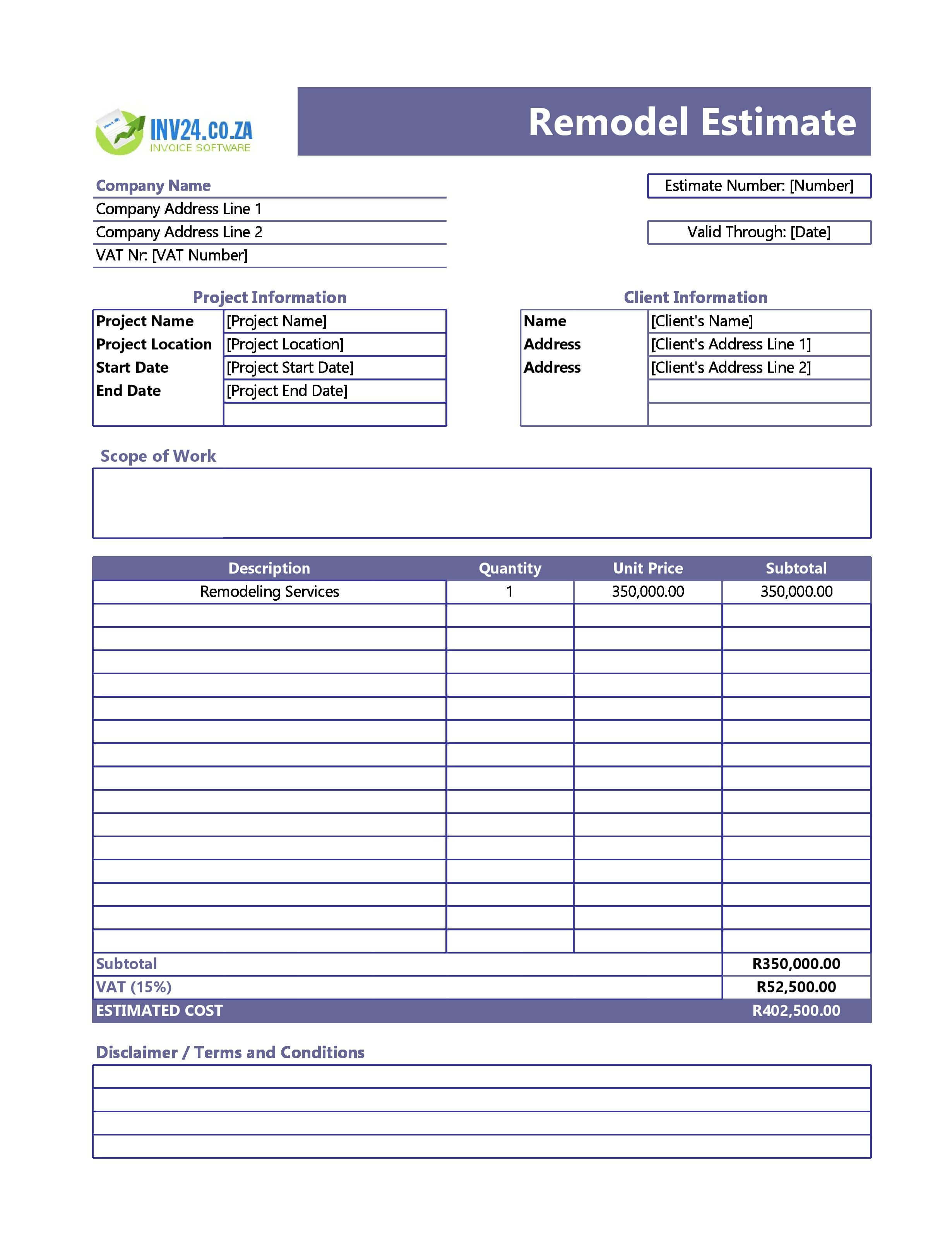 Remodel Estimate Template for South Africa (Excel / Google Sheets)