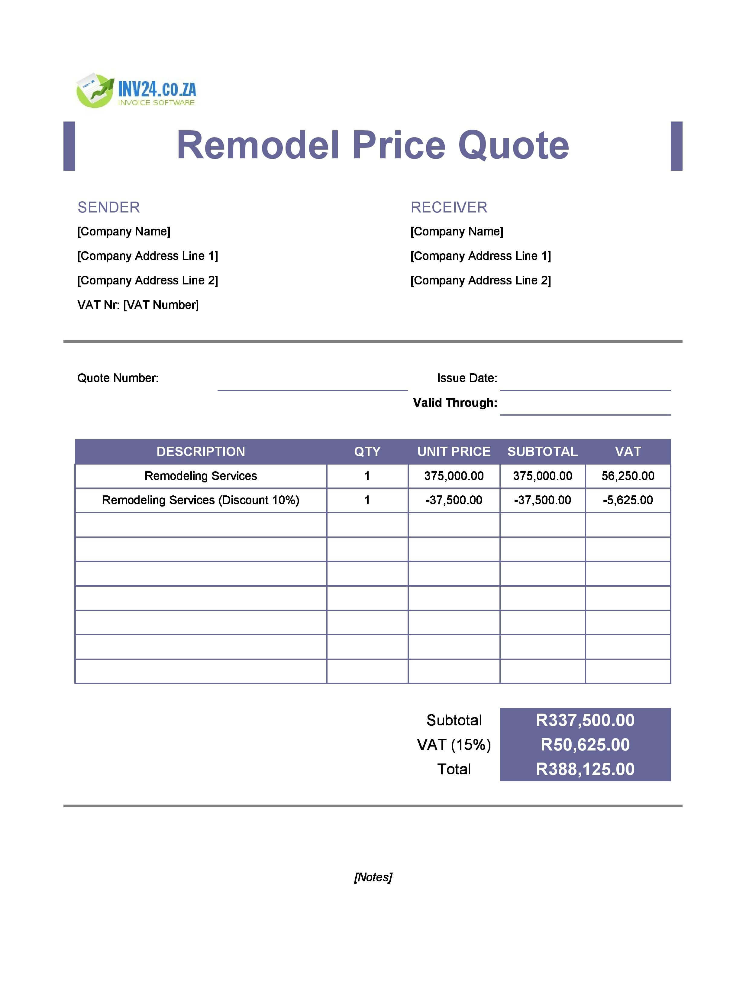 Remodeling Quote Template for South Africa (Excel / Google Sheets)