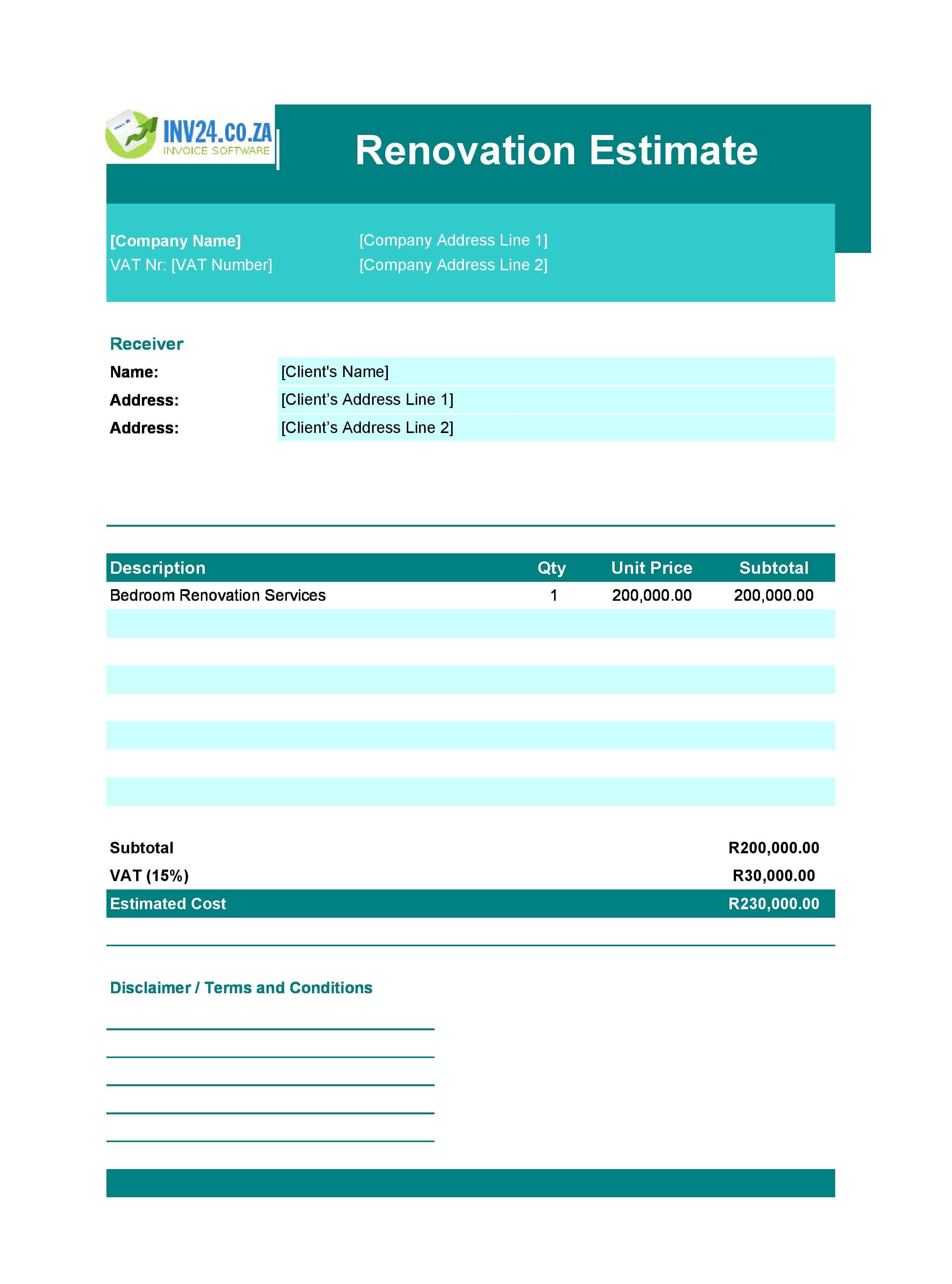 Renovation Estimate Template for South Africa (Excel / Google Sheets)
