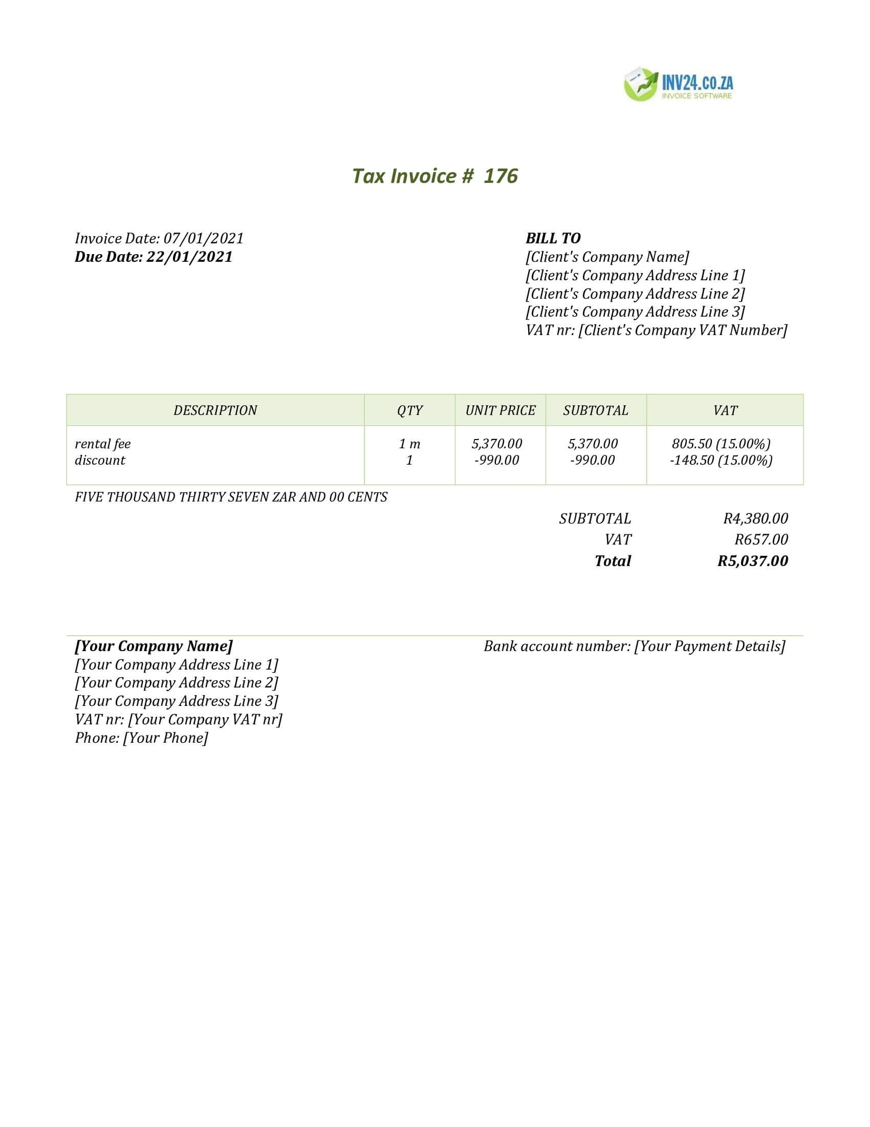 rental invoice template south africa