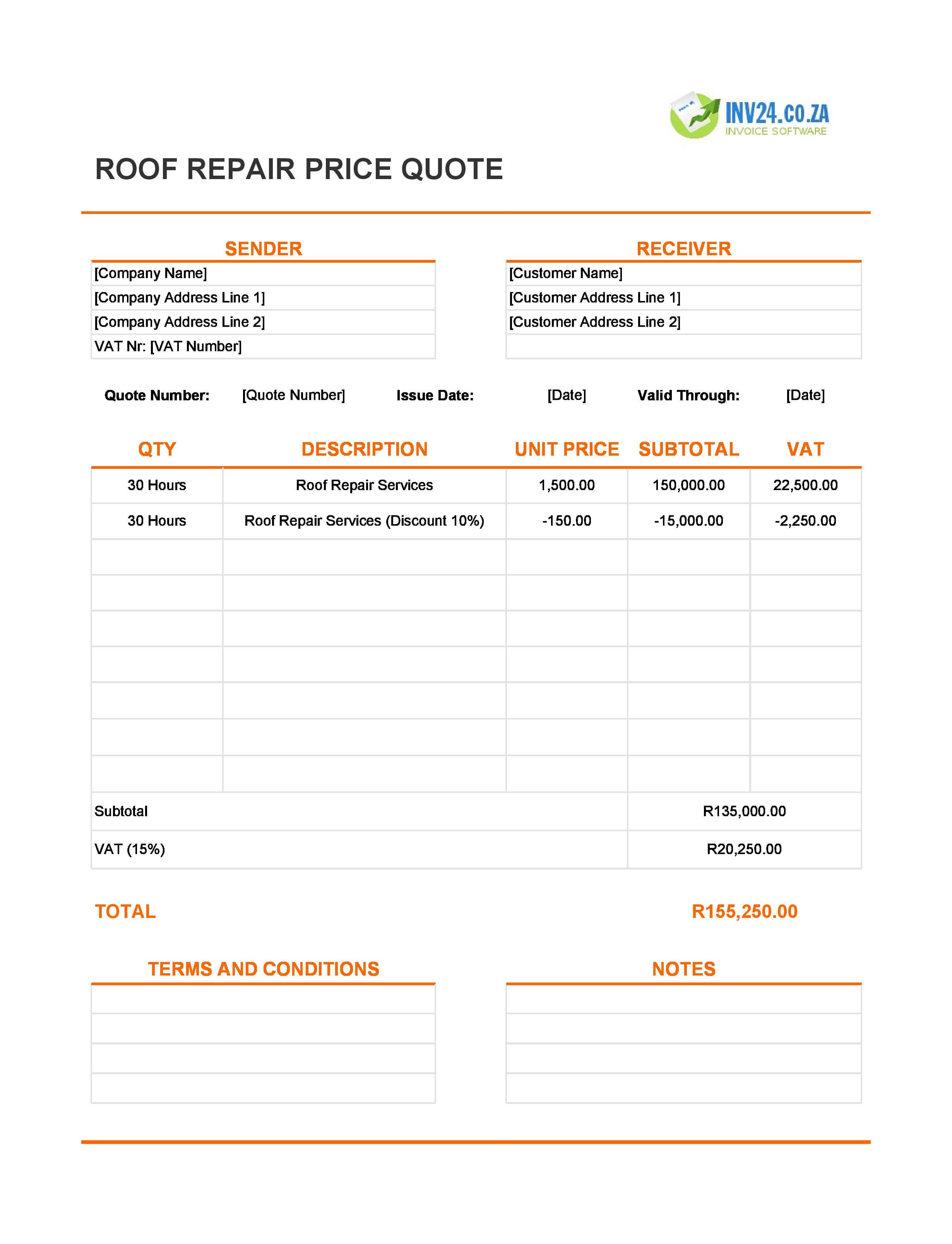 Roof Repair Quote Template for South Africa (Excel / Google Sheets)