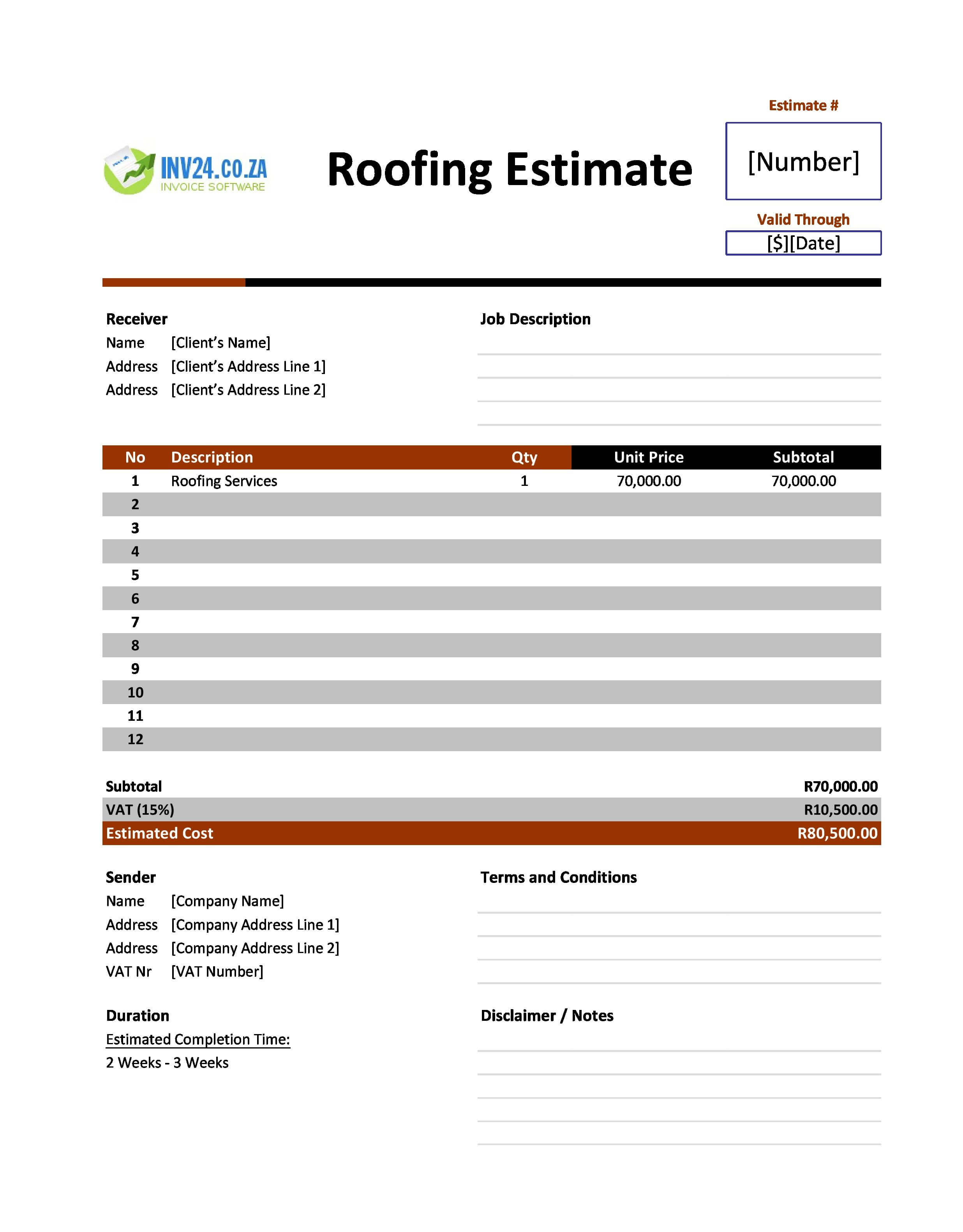 Roofing Estimate Template for South Africa (Excel / Google Sheets)
