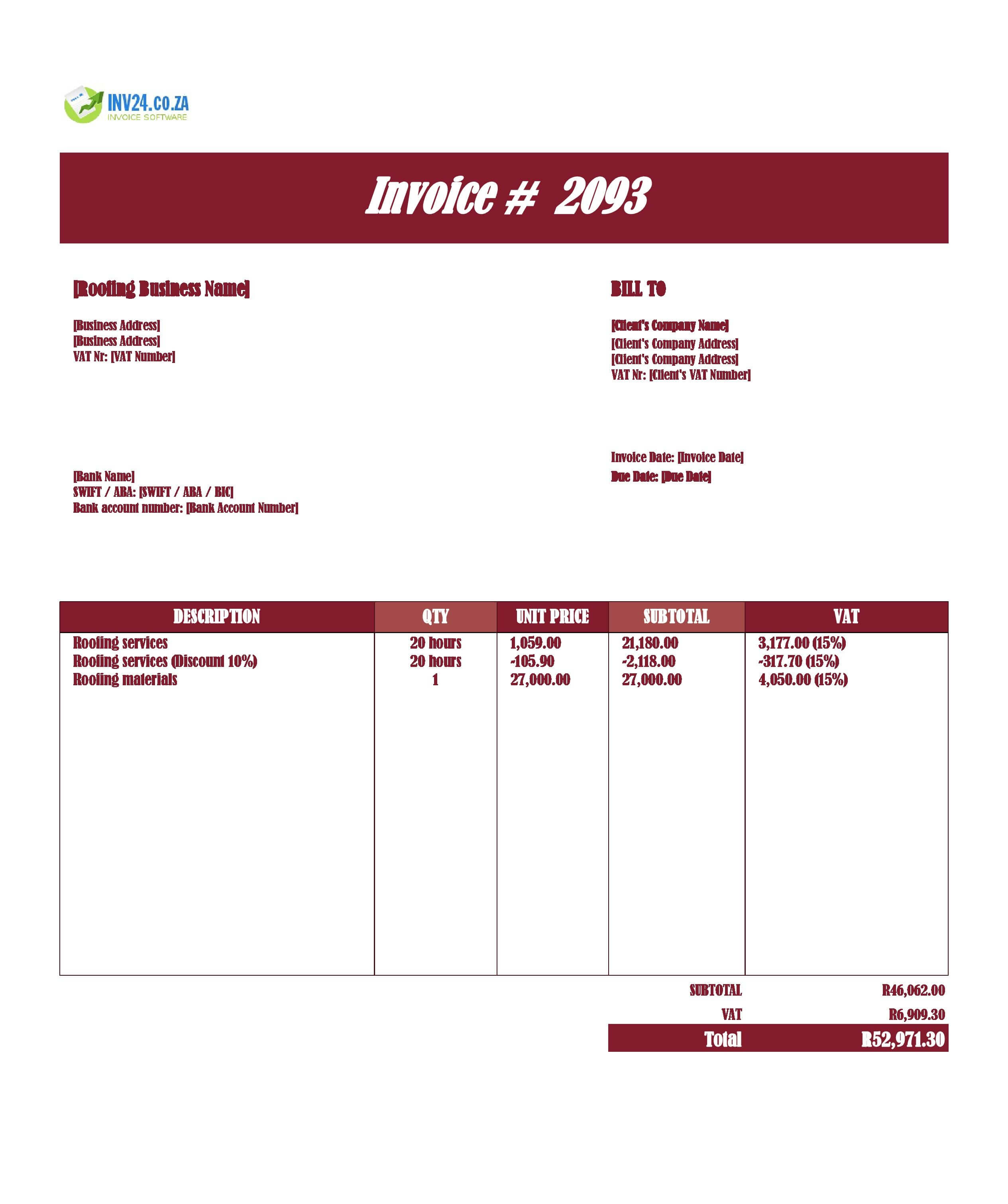 Roofing Invoice Template for South Africa (Excel / Google Sheets)