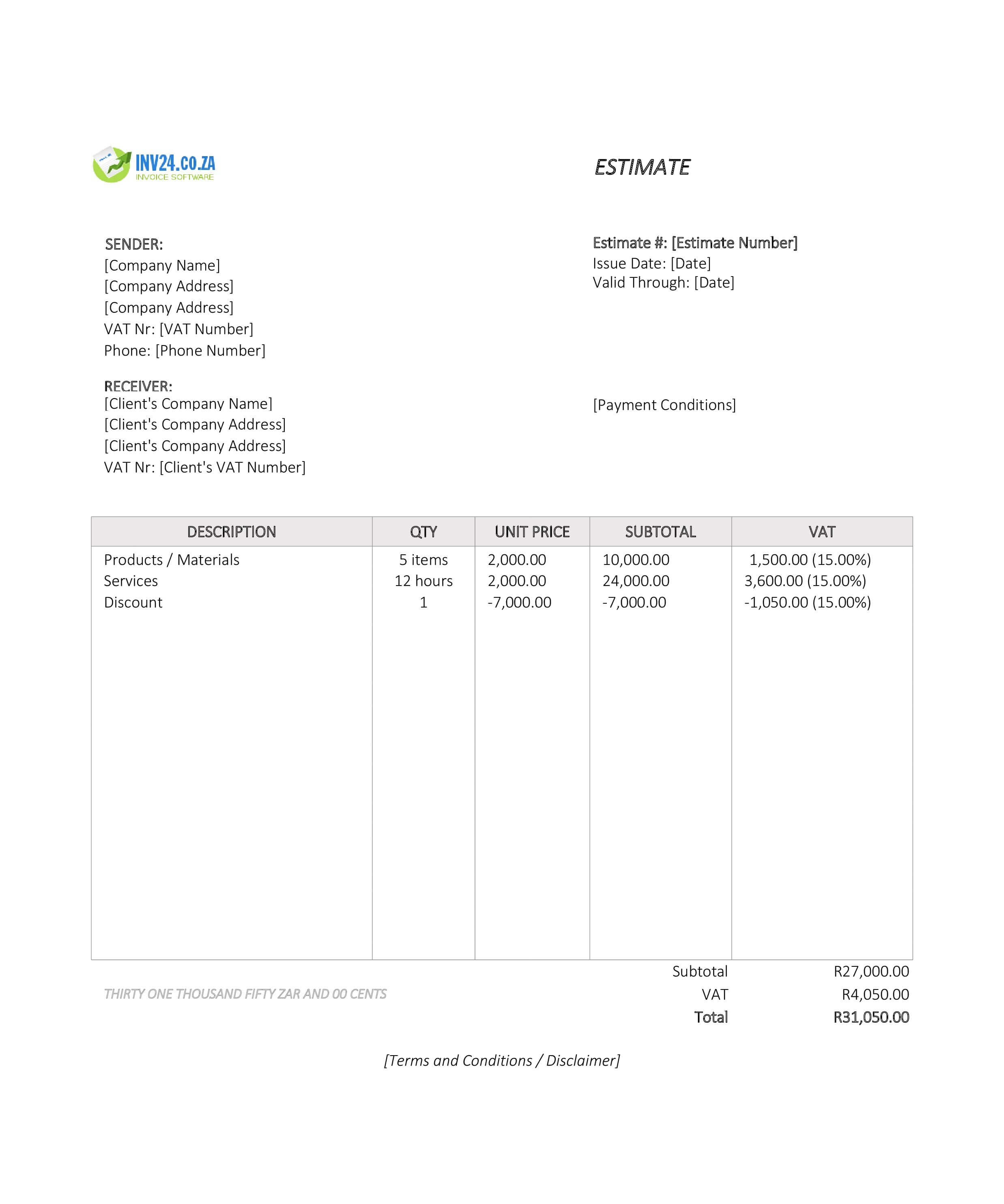 Sample Estimate Template for South Africa (Excel / Google Sheets)