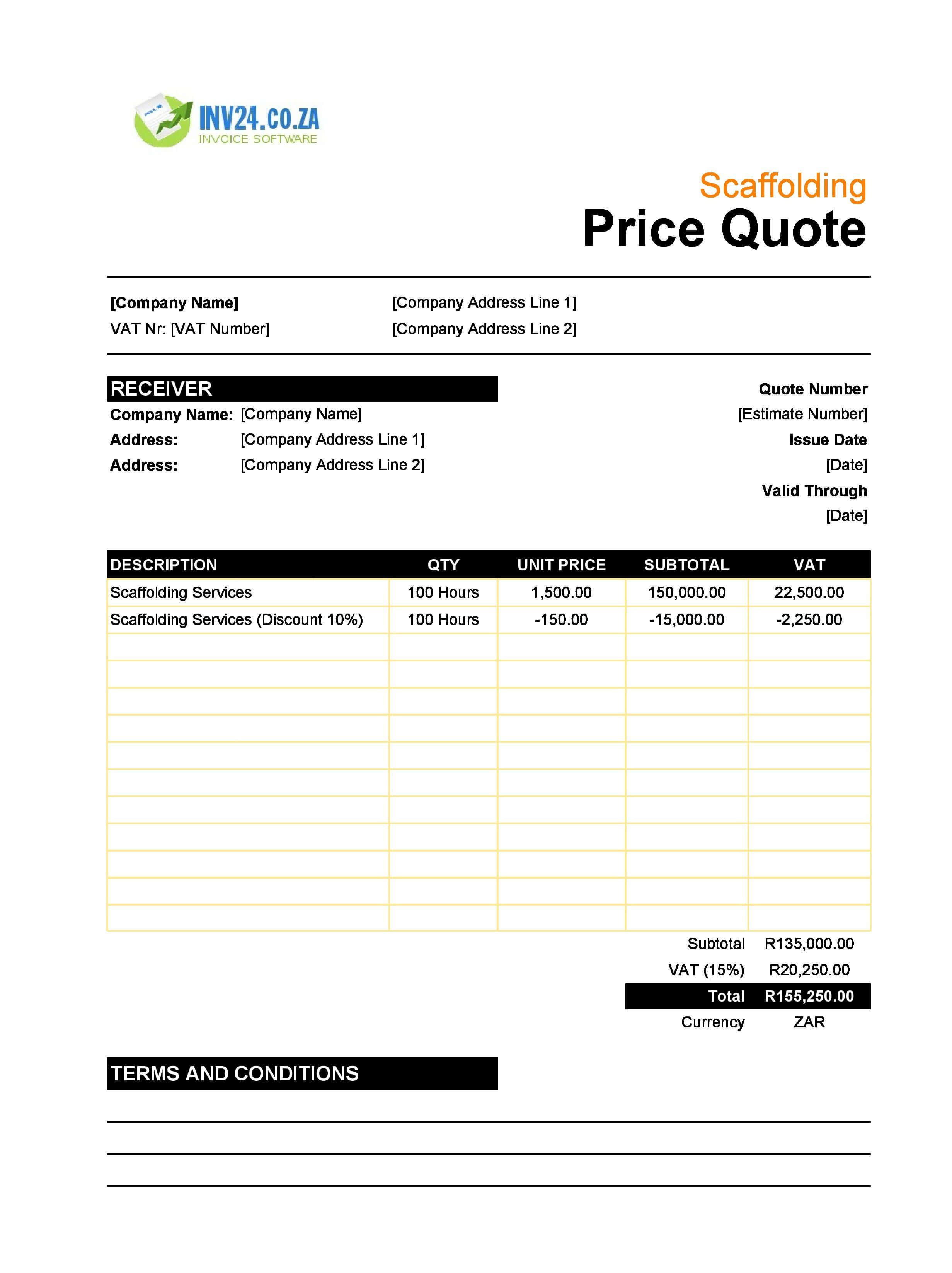Scaffolding Quote Template for South Africa (Excel / Google Sheets)