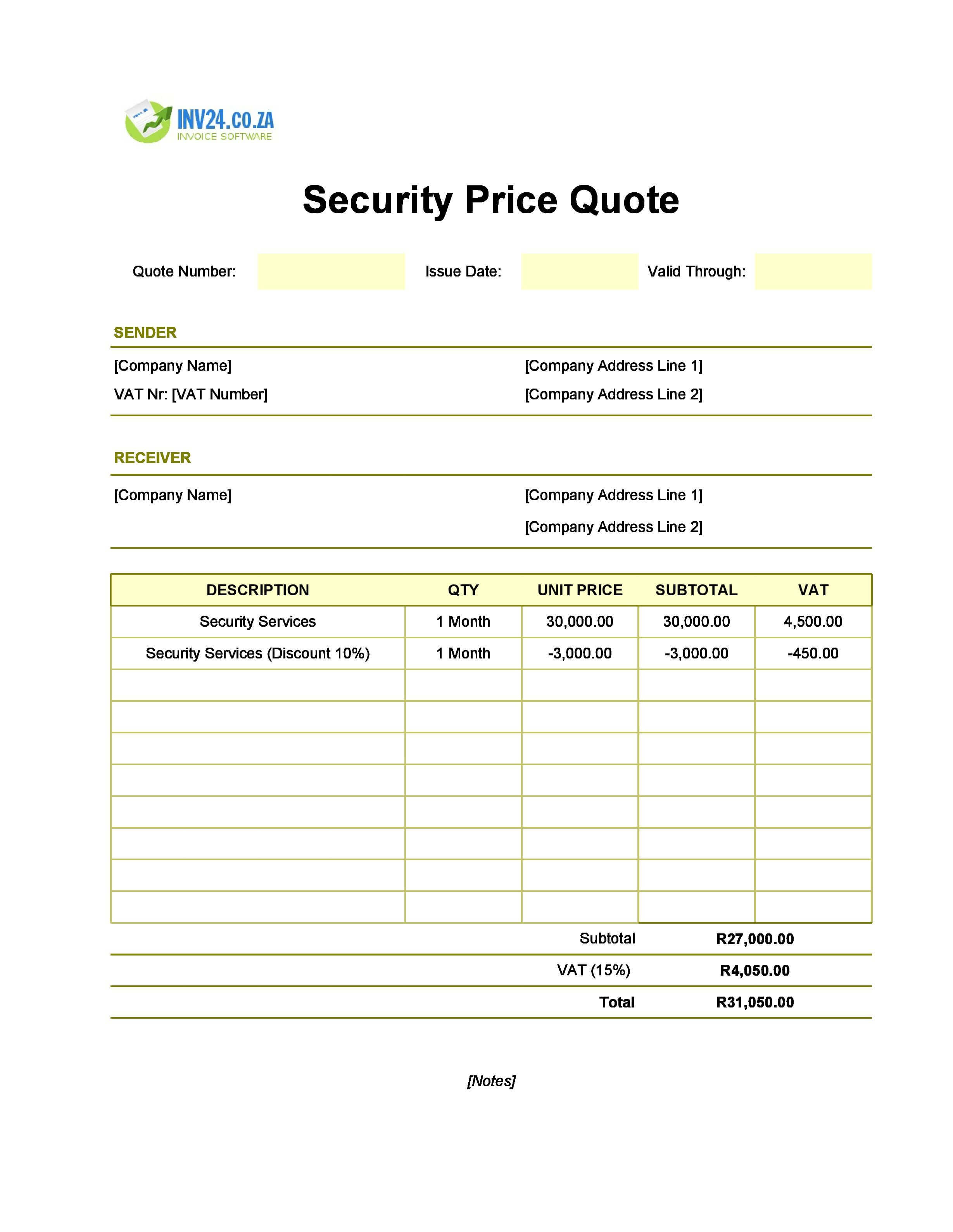 Security Quote Template for South Africa (Excel / Google Sheets)