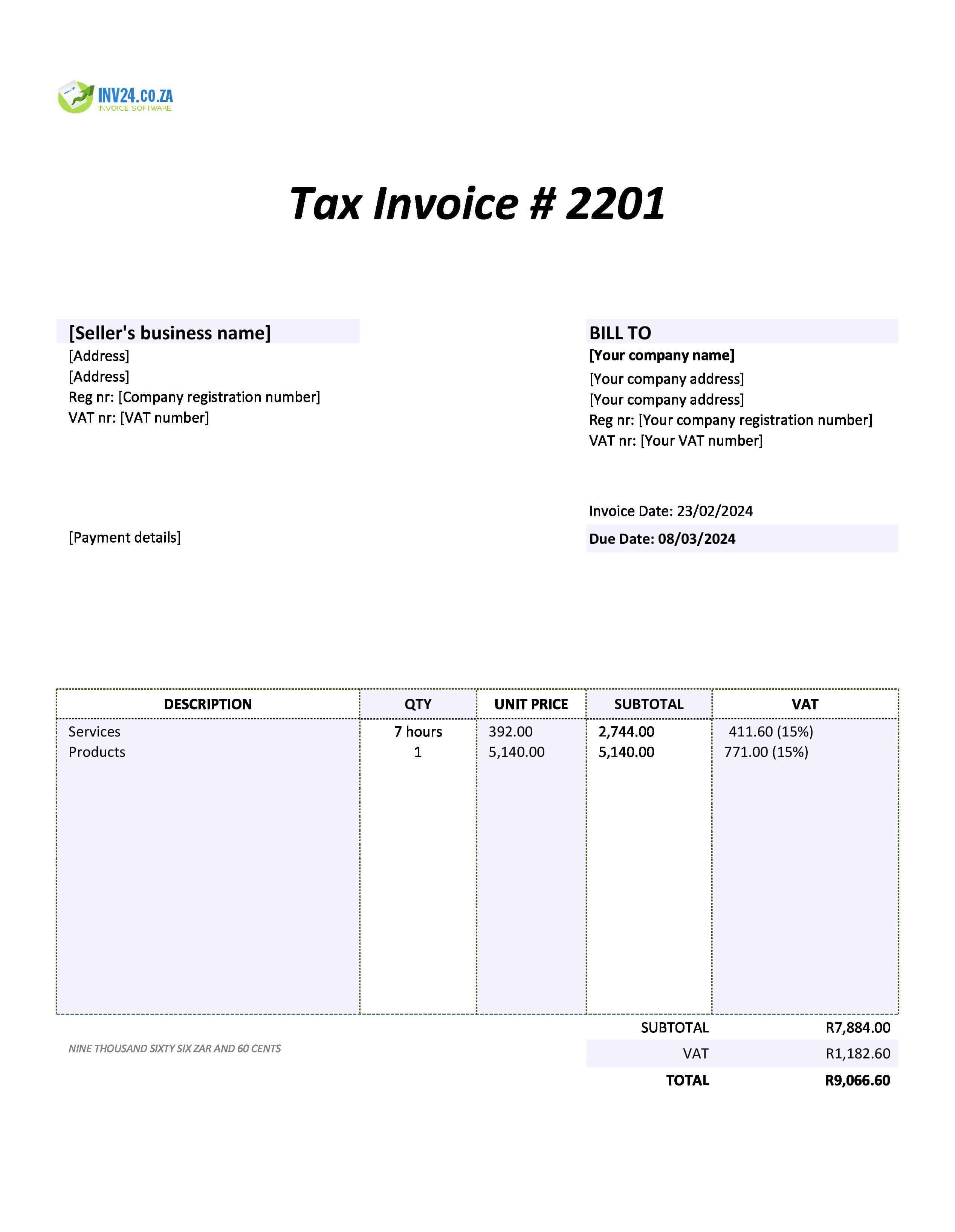 self-billing invoice template South Africa