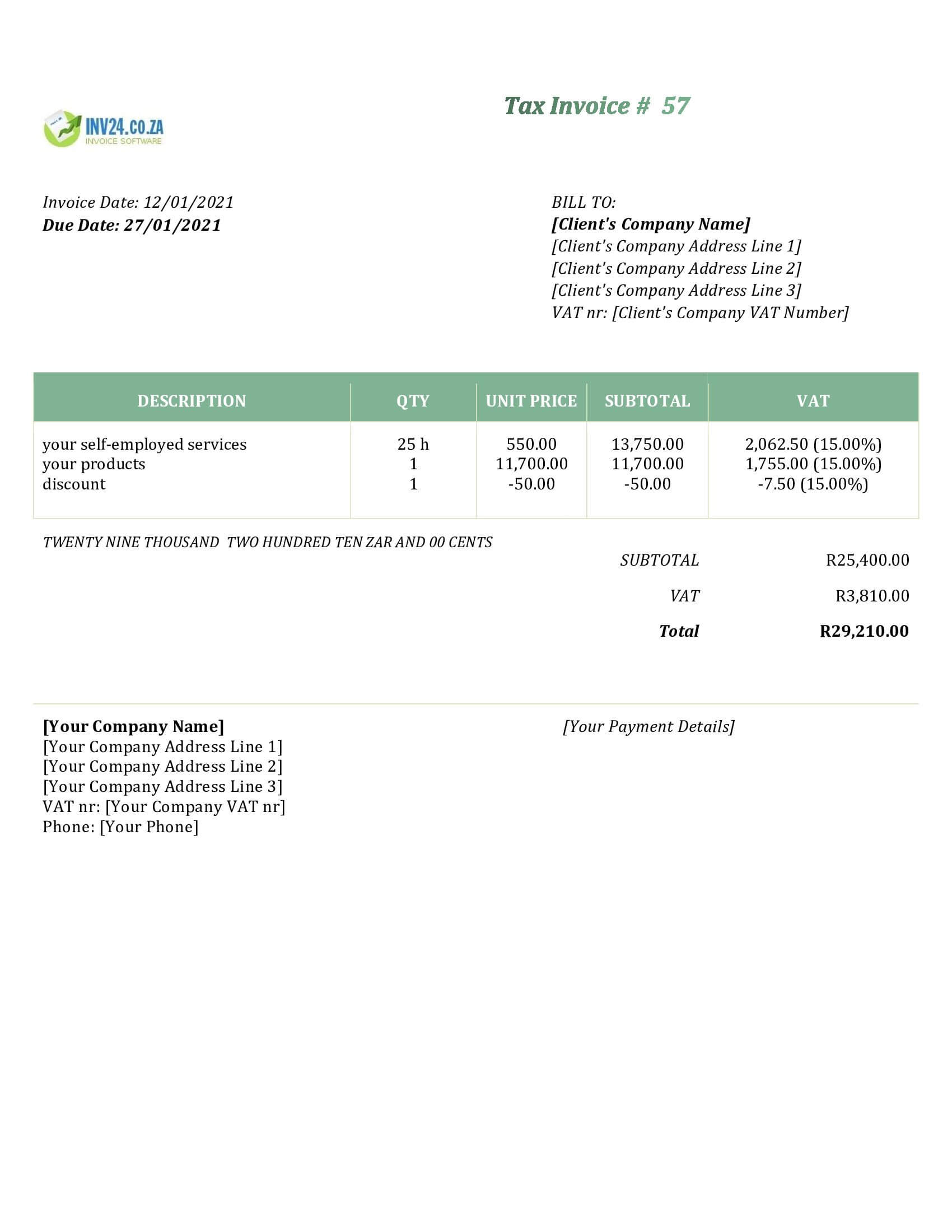 self employed invoice template south africa