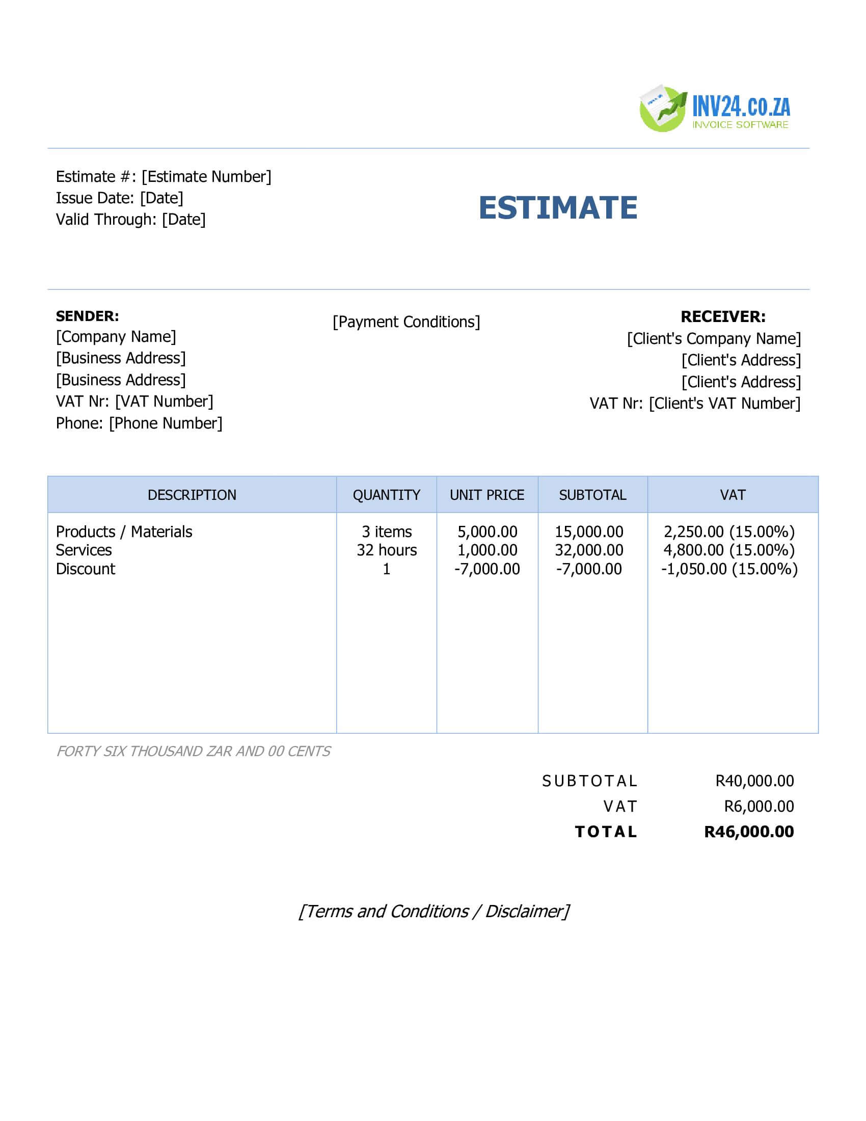 Simple Estimate Template for South Africa (Word / Google Docs)