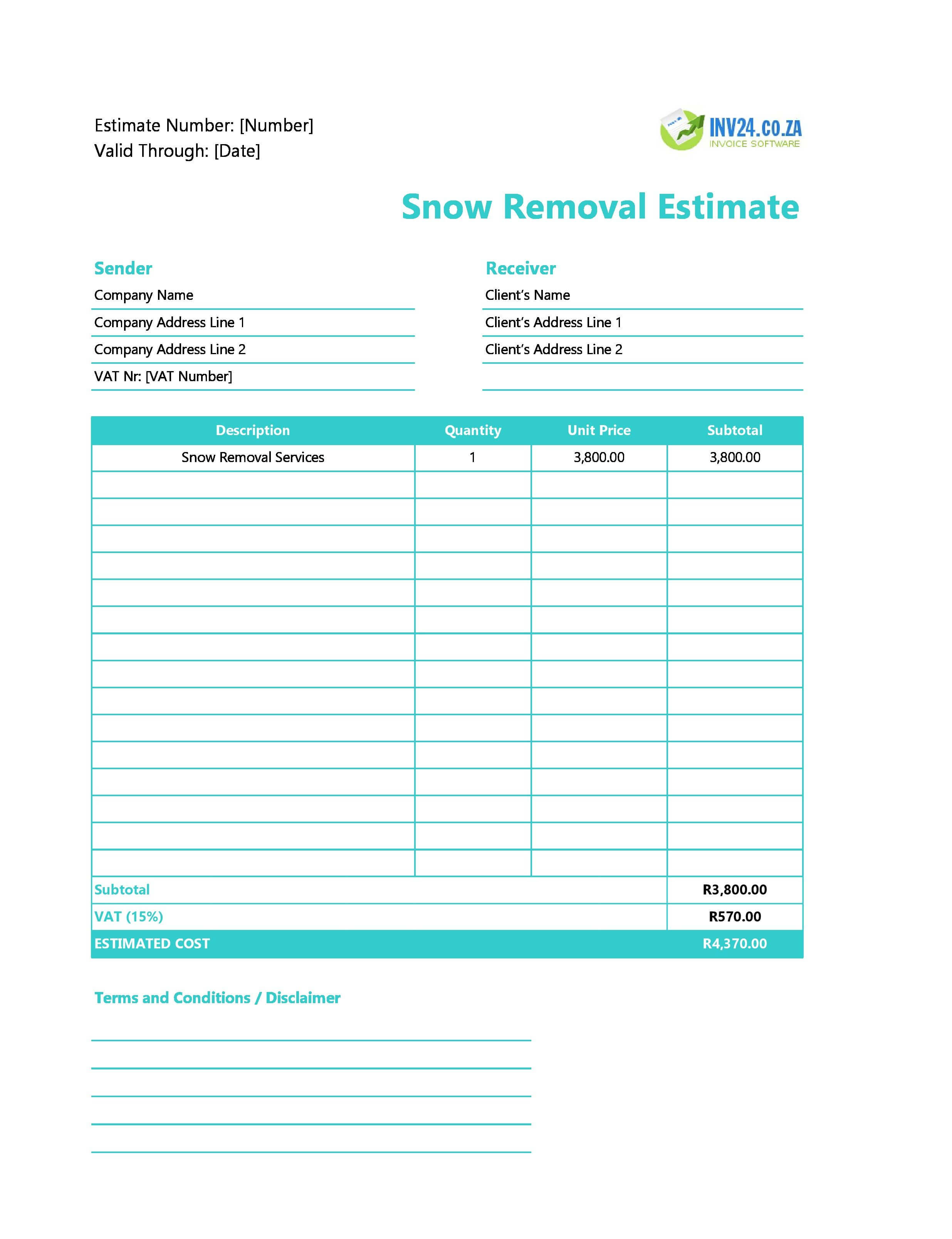 Snow Removal Estimate Template for South Africa (Excel / Google Sheets)