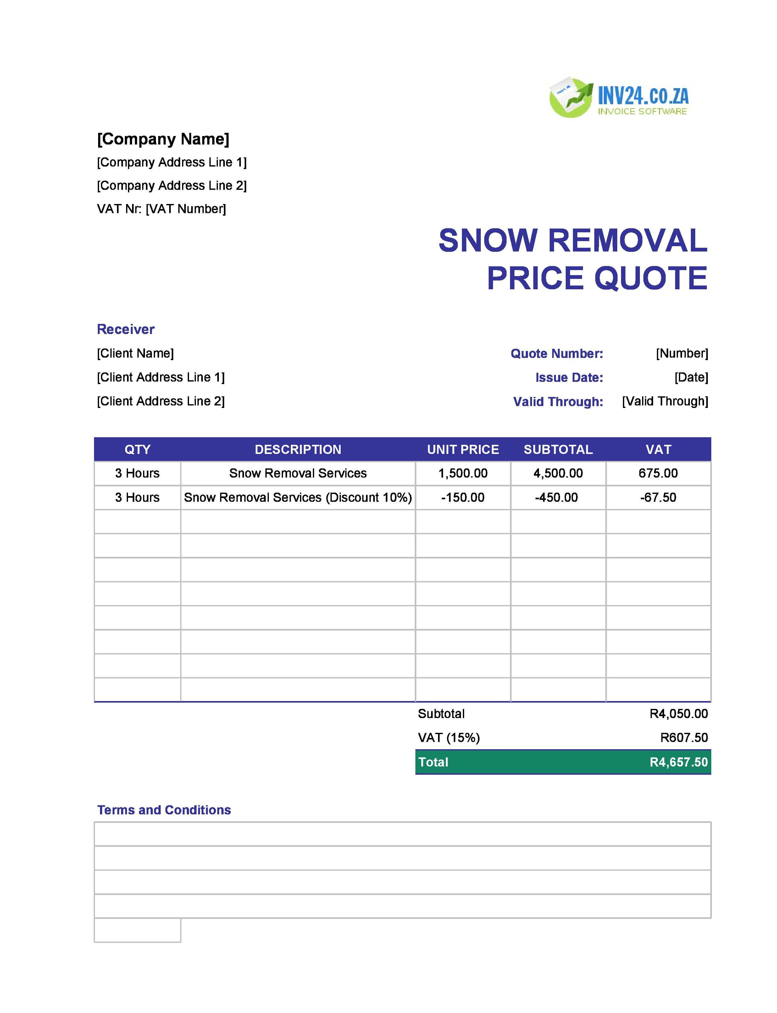 Snow Removal Quote Template for South Africa (Excel / Google Sheets)