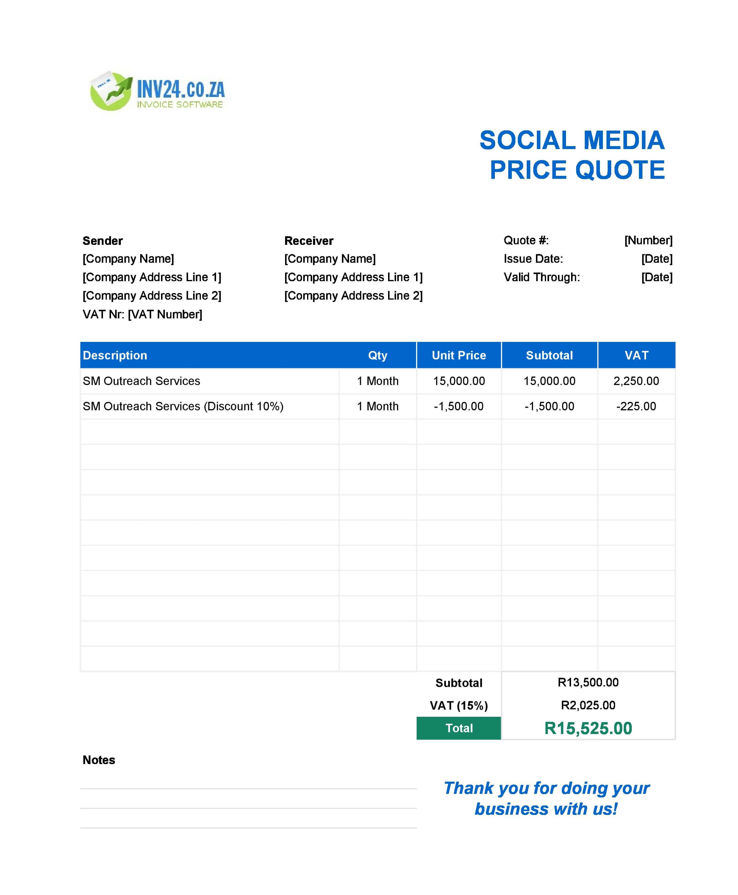Social Media Quote Template for South Africa (Excel / Google Sheets)
