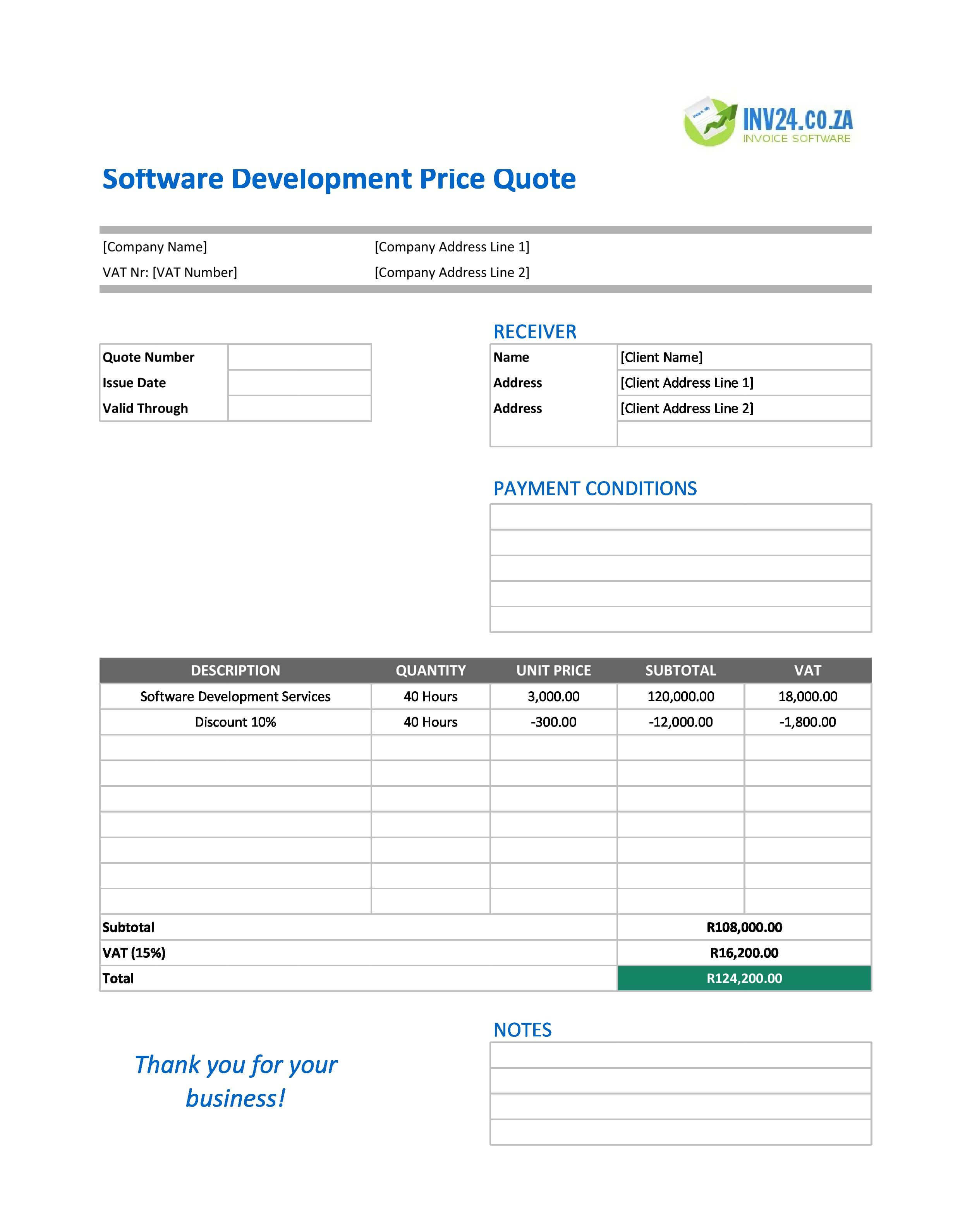 Software Development Quote Template for South Africa (Excel / Google Sheets)