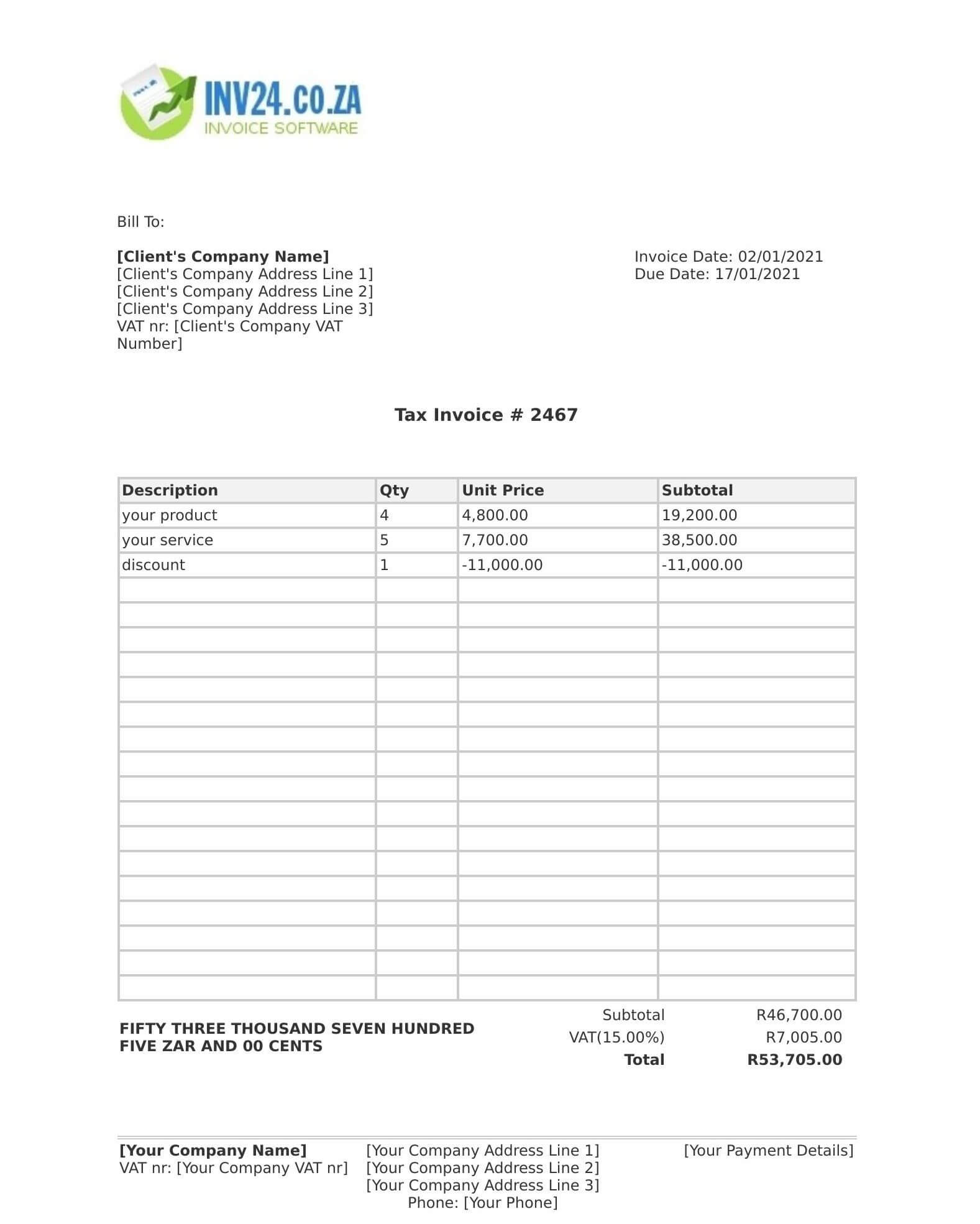 south african html invoice template 