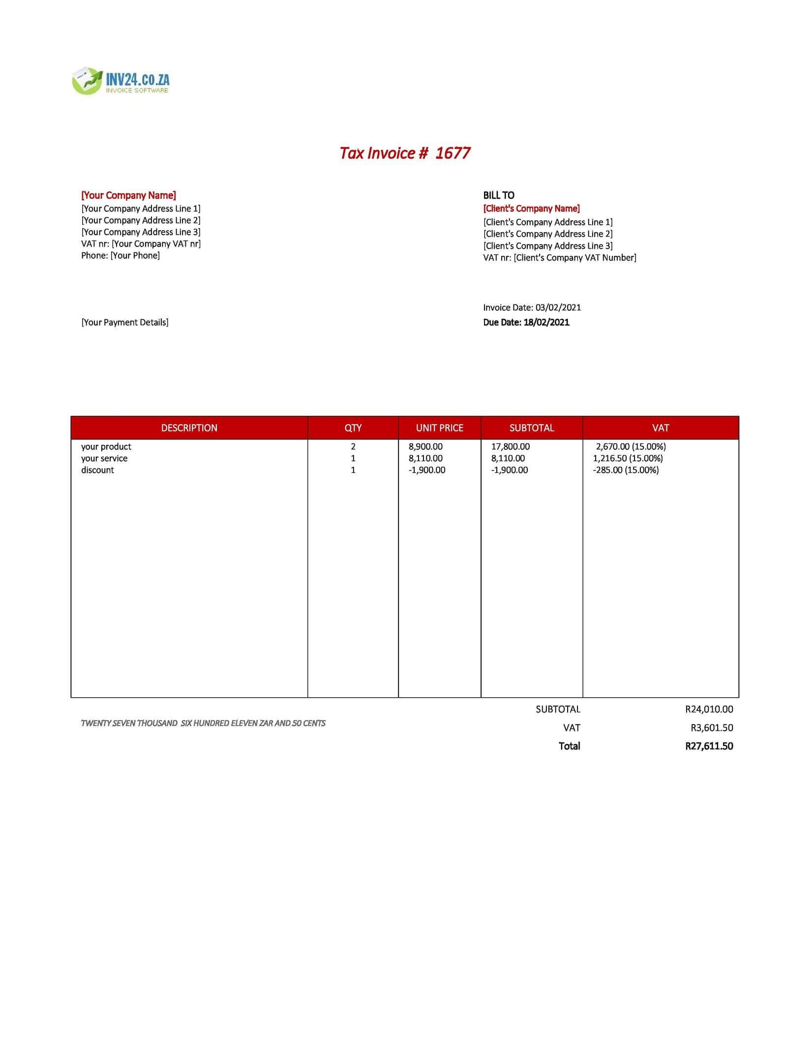 standard invoice template south africa excel