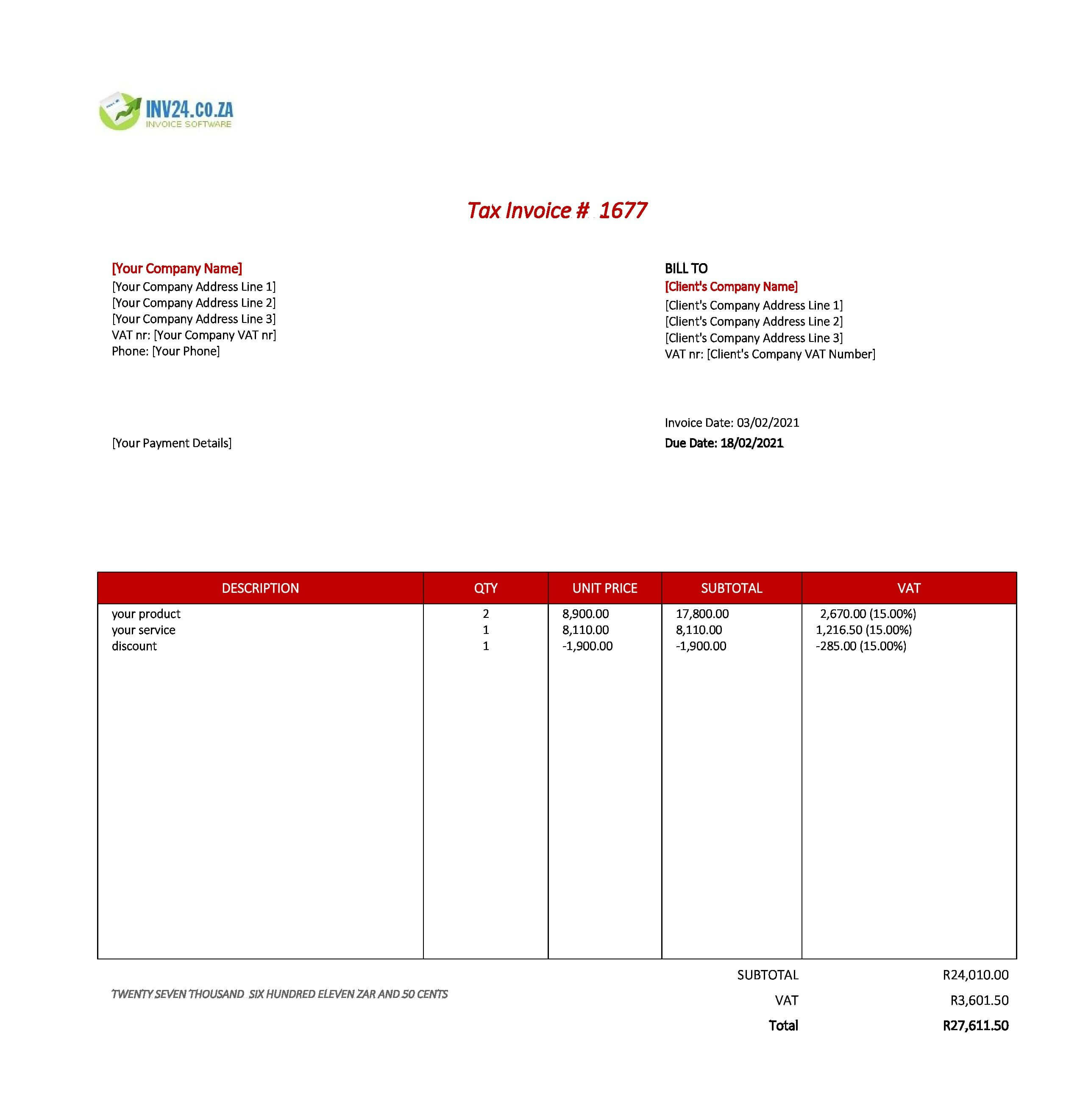 standard invoice template south africa