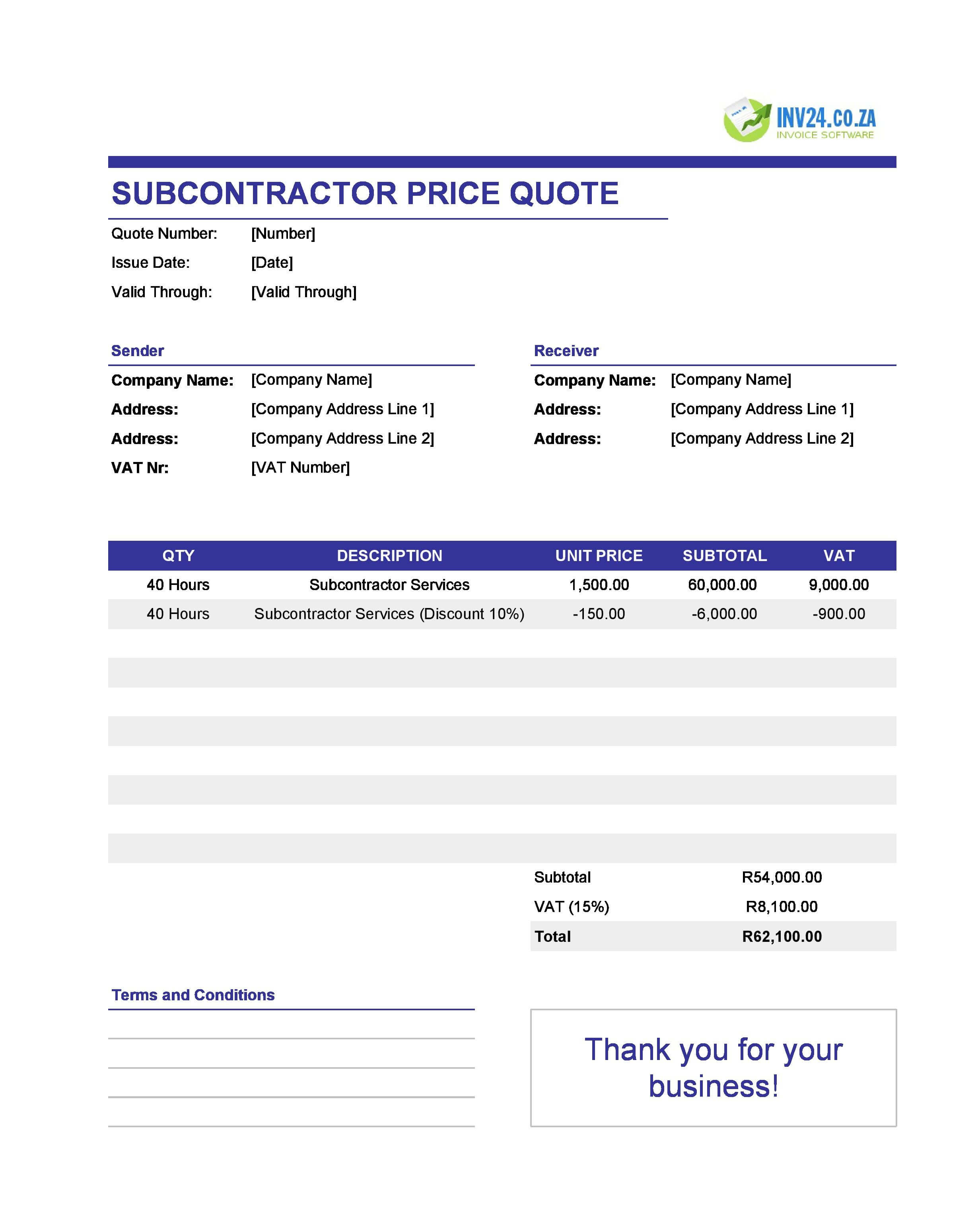 Subcontractor Quote Template for South Africa (Excel / Google Sheets)