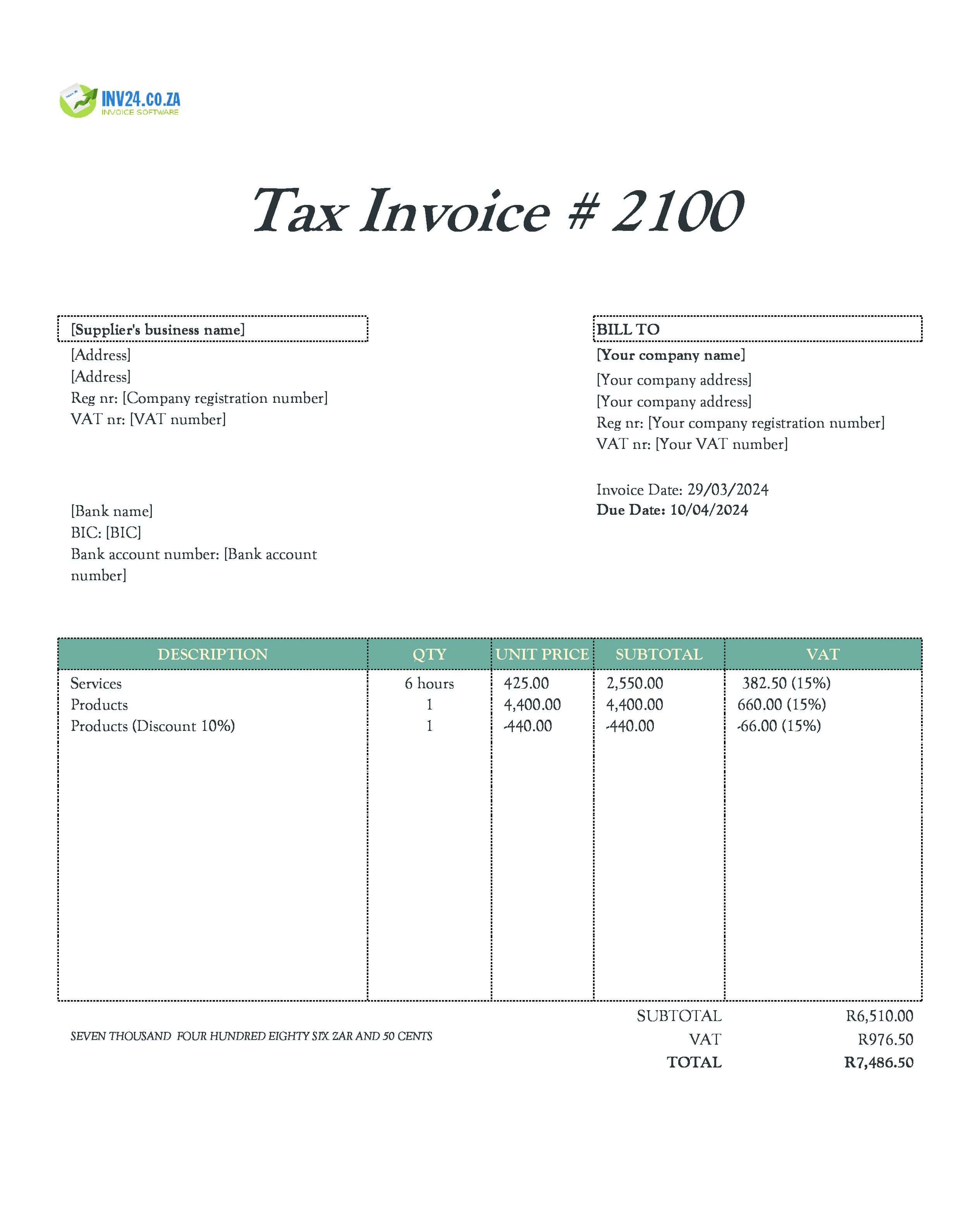 supplier invoice template South Africa