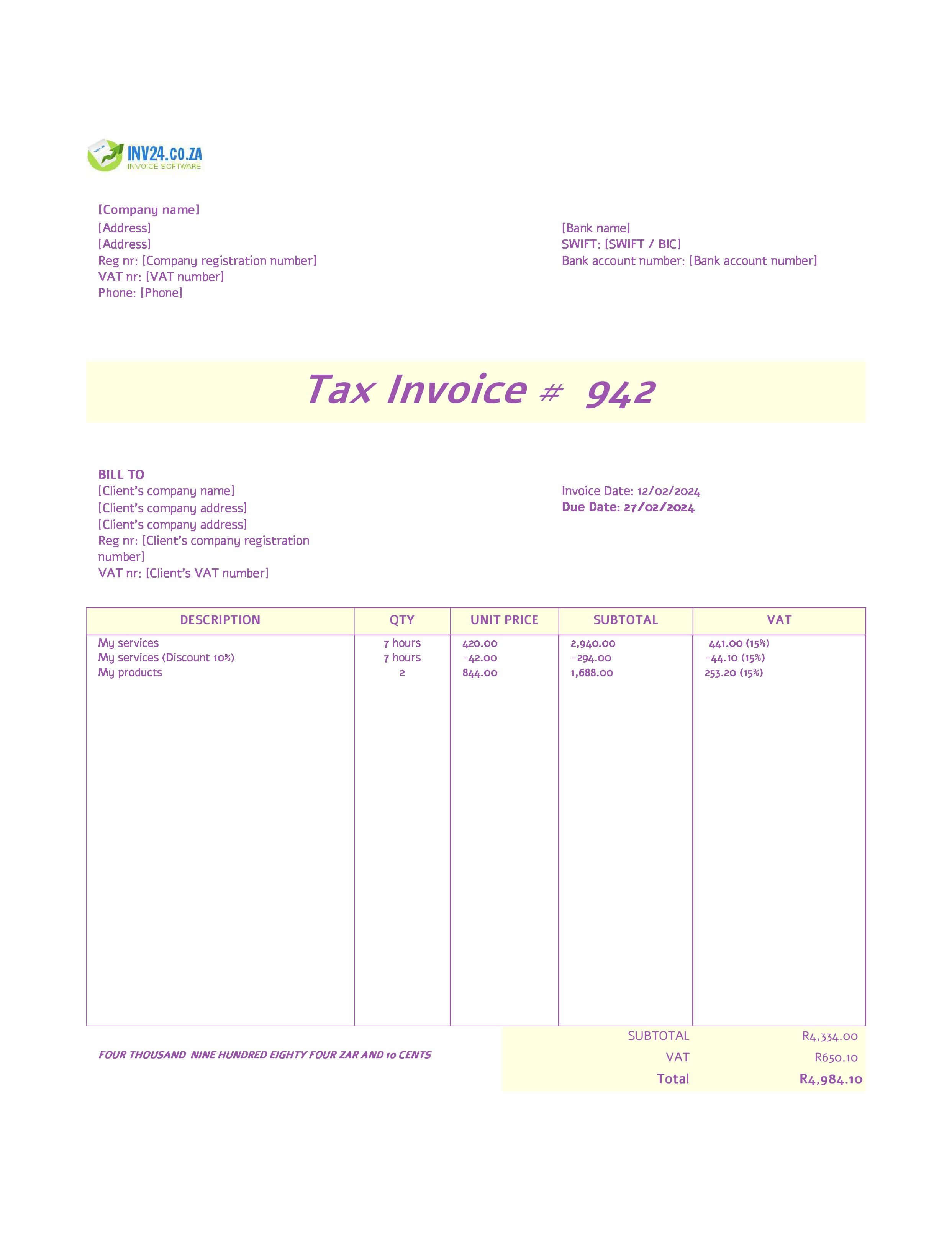 Tax Invoice Template .xls South Africa (Excel / Google Sheets)