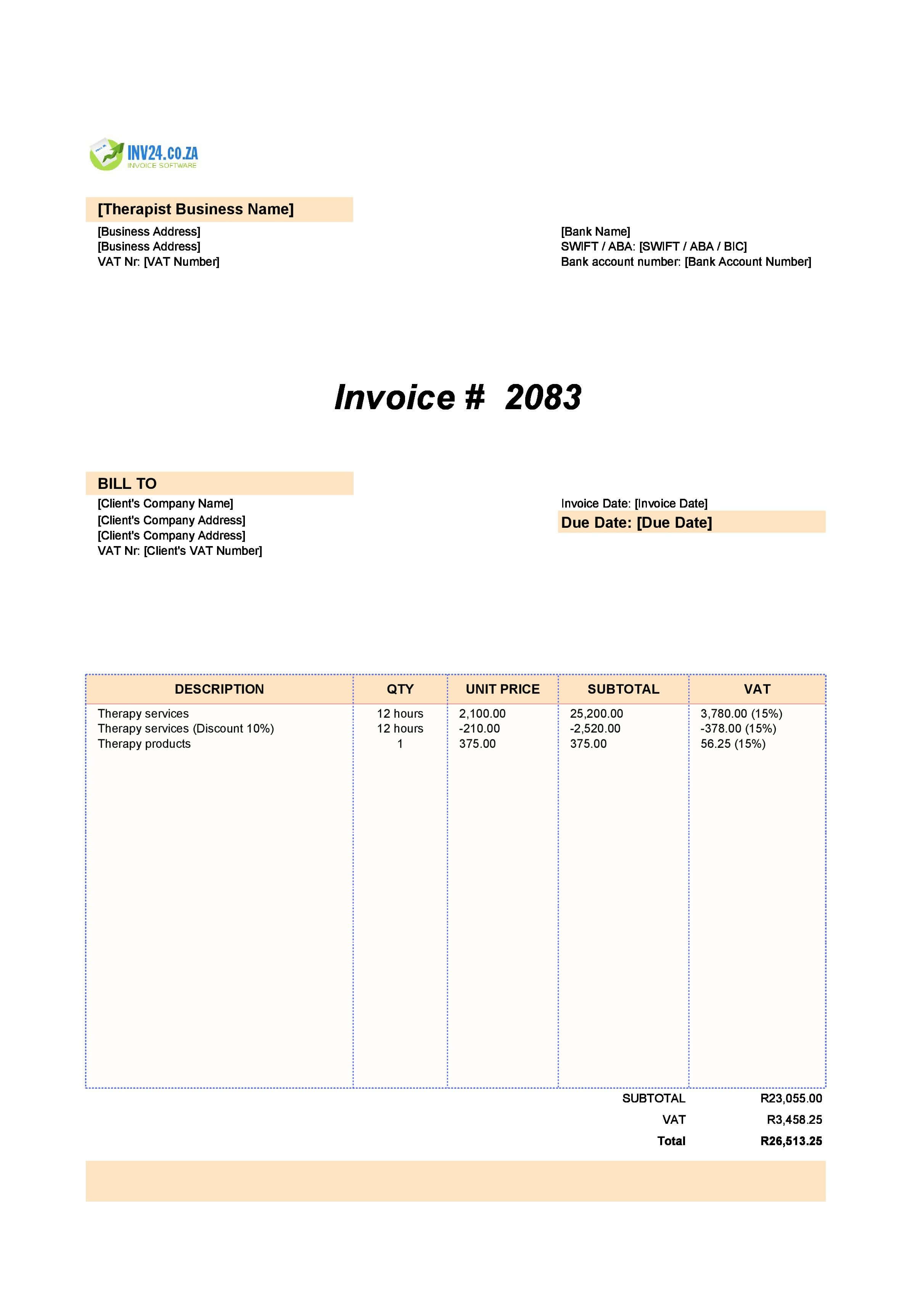 Therapist Invoice Template for South Africa (Excel / Google Sheets) Therapist Invoice Template for South Africa (Excel / Google Sheets)