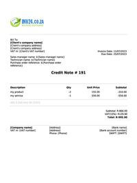 credit note sample south africa